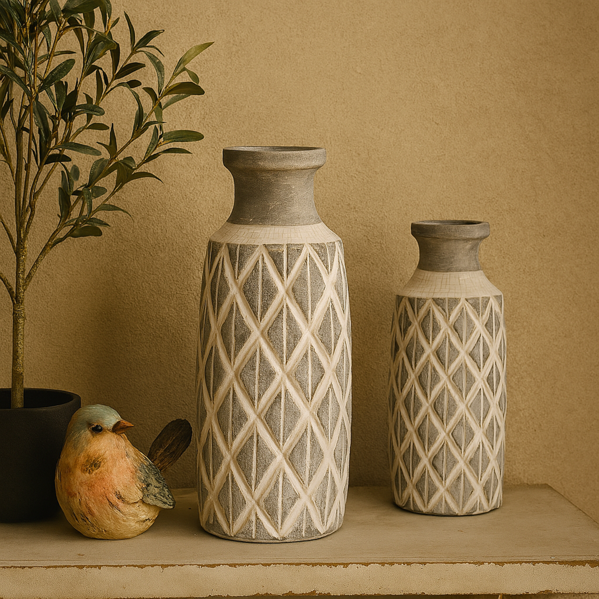 Gray Ceramic Decorative Vase with White Diamond Pattern