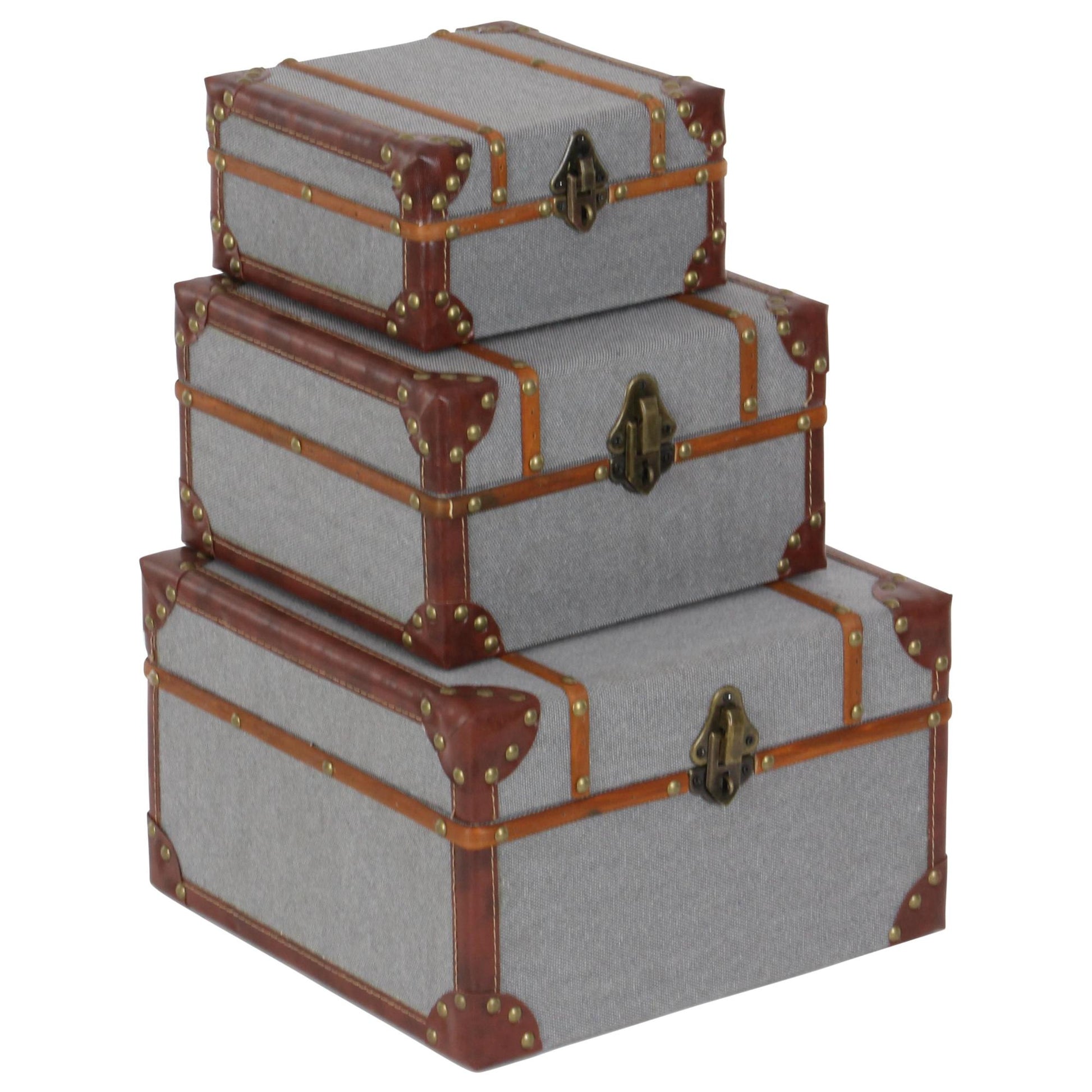 Set of 3 Gray Wooden Upholstered Decorative Box with Hinged Lid