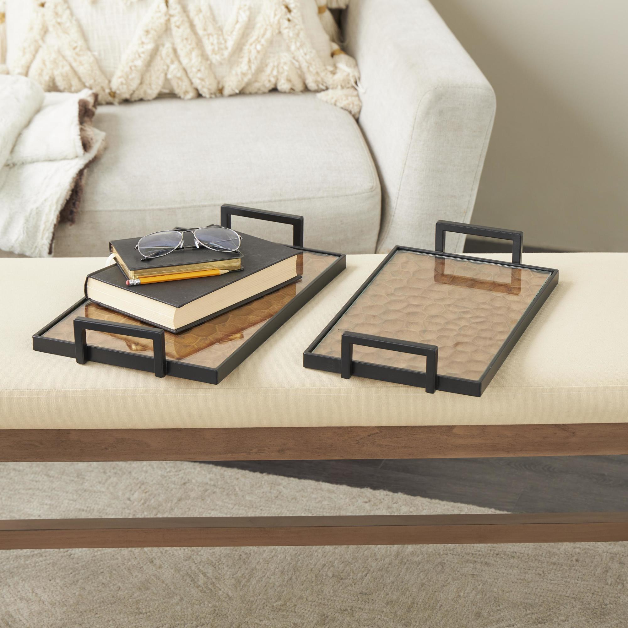 Set of 2 Brown Wood Handmade Carved Pebbled Bottom Living Room Decor Tray with Black handles
