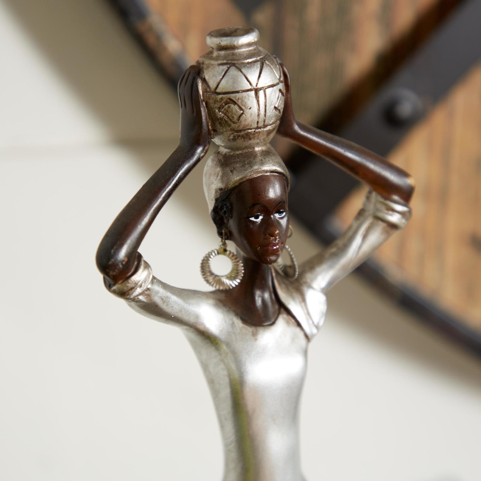 Woman Silver Polystone Standing African Decorative Sculpture with Mosaic Details