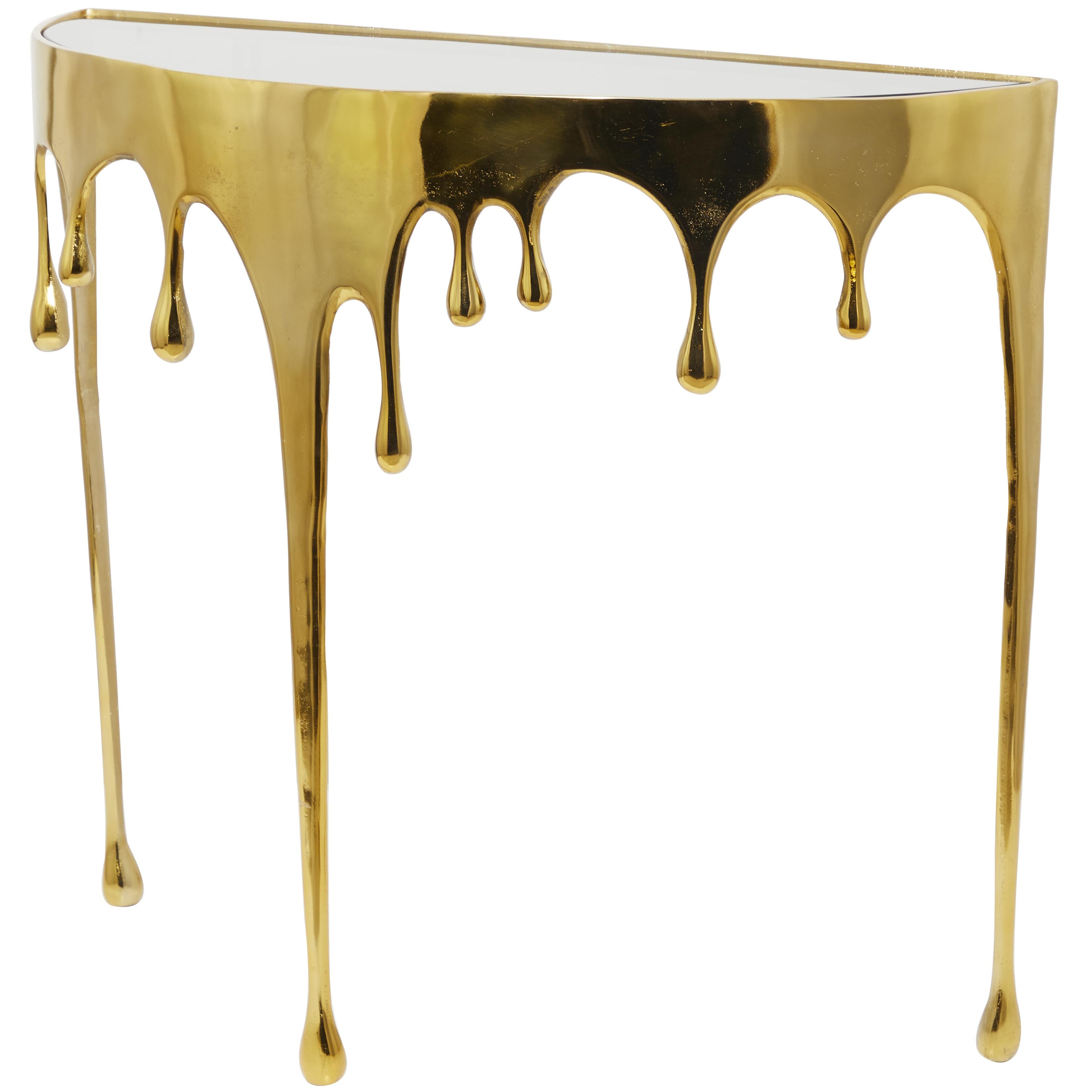 Abstract Aluminum Metal Crescent Drip Living Room Console Table with Melting Design Legs and Glass Top