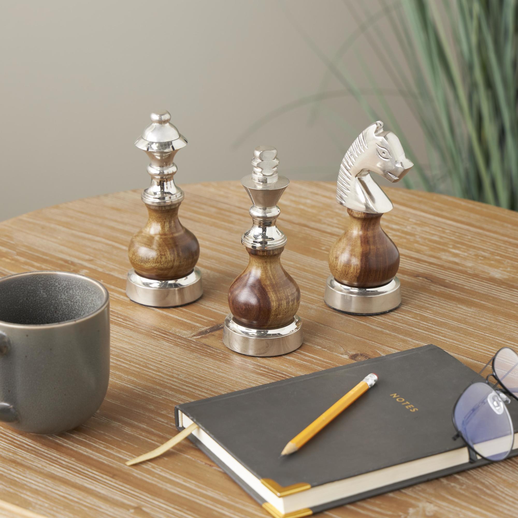 Set of 3 Chess Aluminum Metal Decorative Sculpture with Mango Wood Center Set of 3 2"W, 6"H