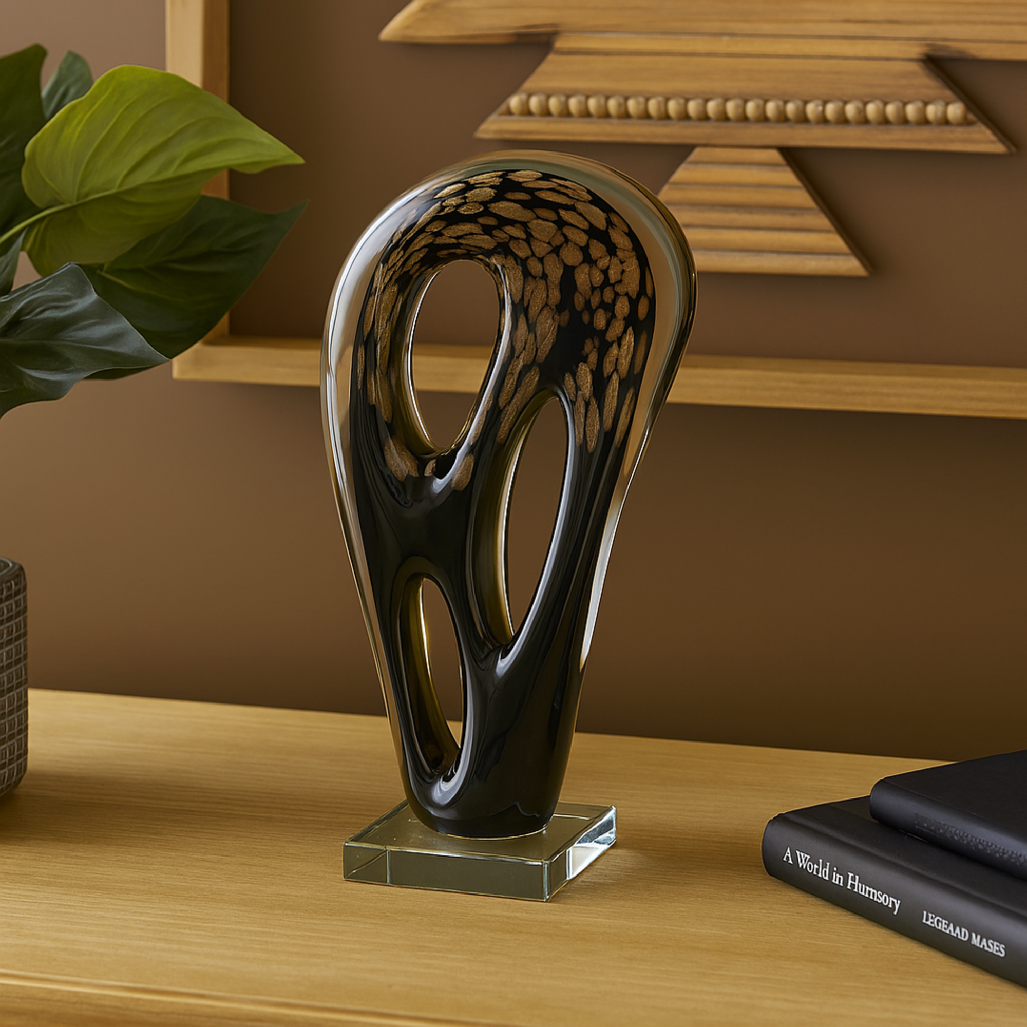 Abstract Black Glass Curved Cutout Decorative Sculpture with Gold Spotted Accents
