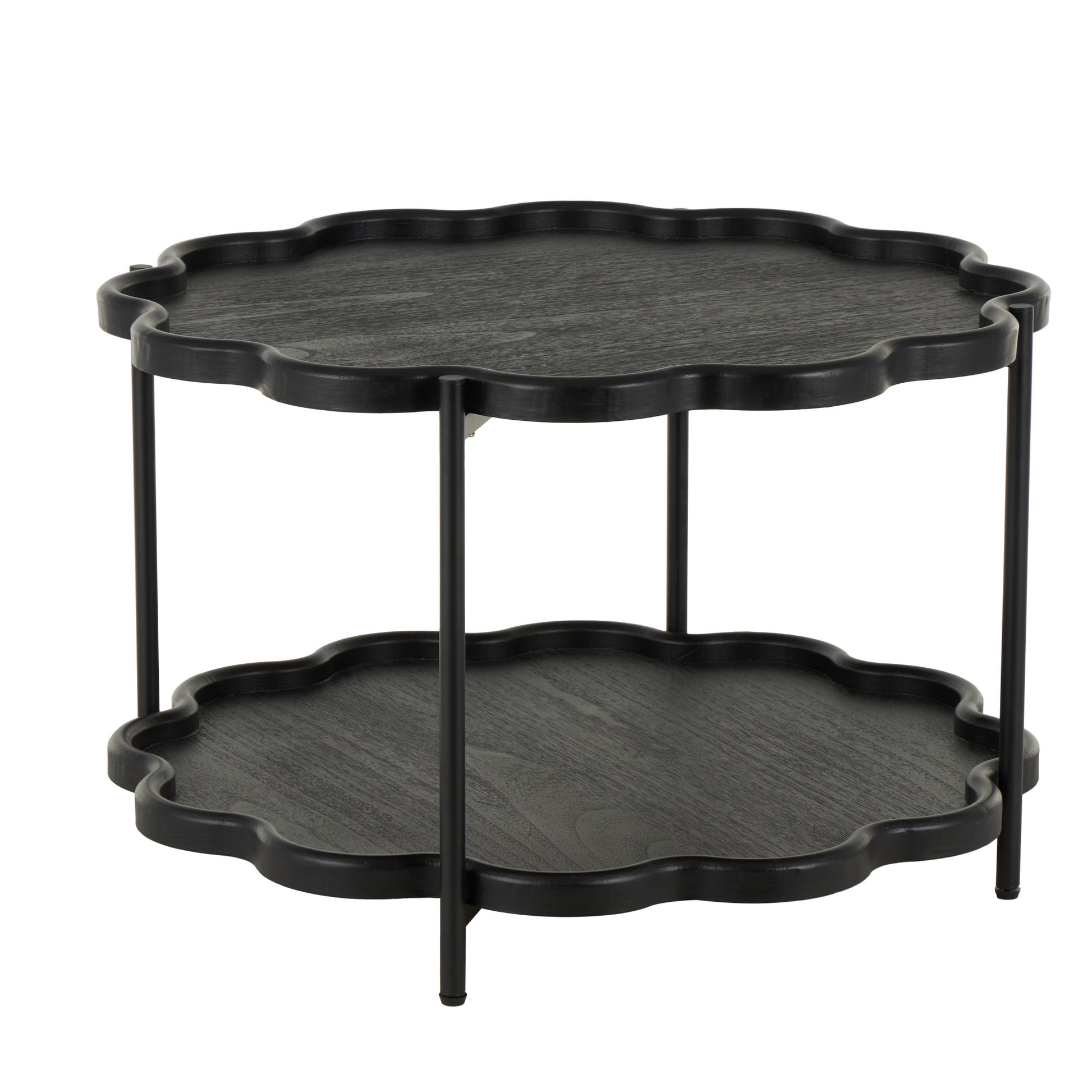 Black Wood Floral Inspired 2 Level Accent Table with Metal Legs
