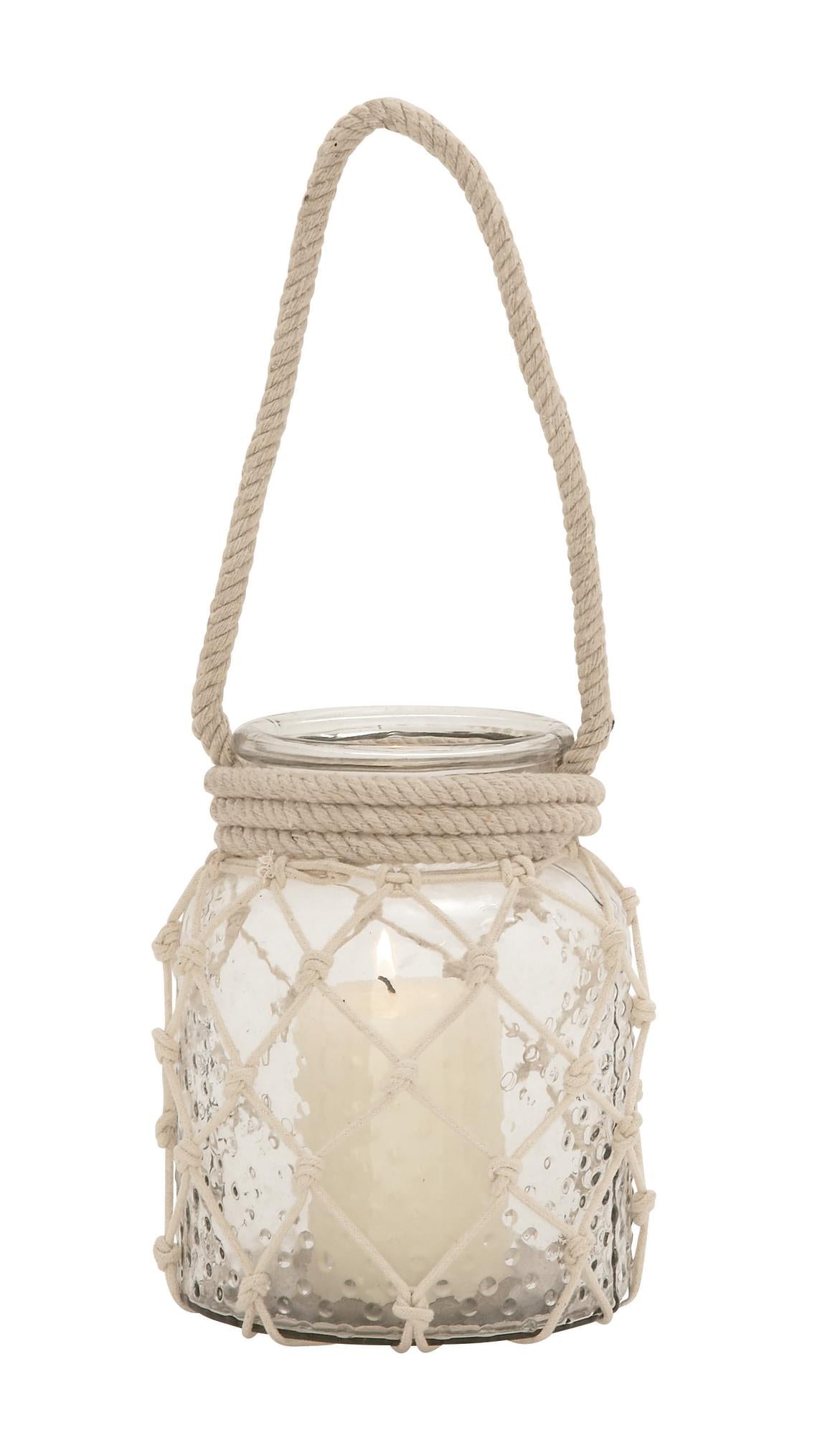 Glass Decorative Indoor Outdoor Candle Lantern with Rope Handle