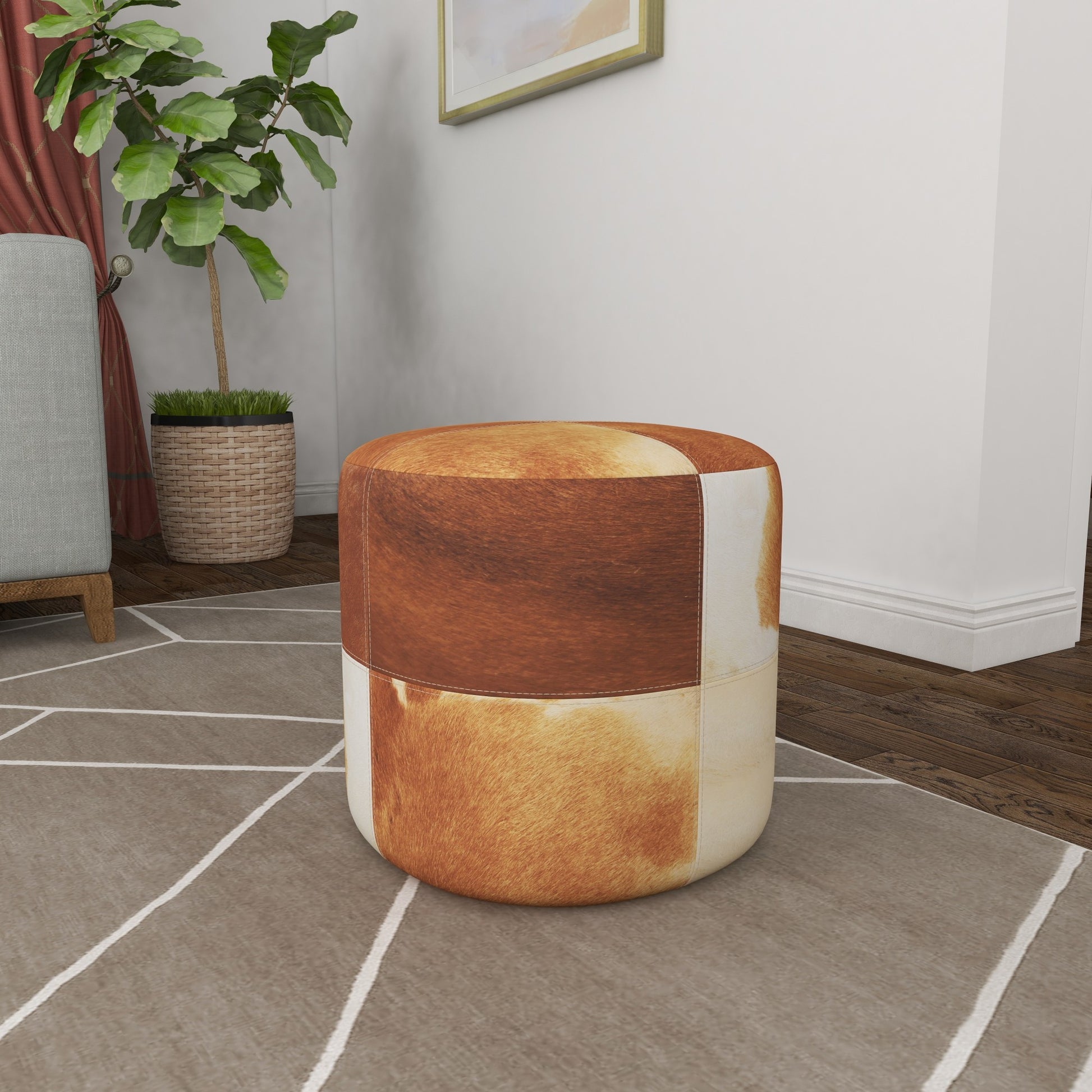 Leather Handmade Living Room Stool with Patchwork Pattern 16" x 16" x 17"