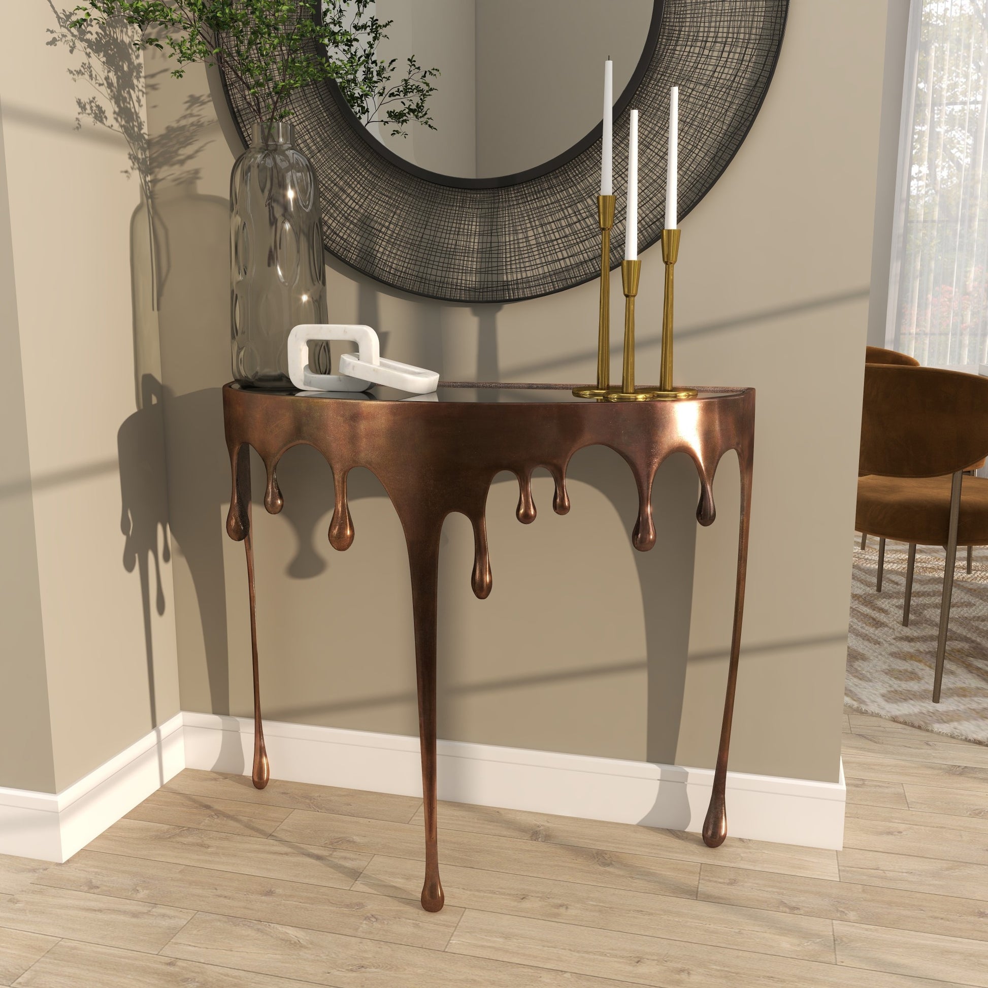 Abstract Aluminum Metal Crescent Drip Living Room Console Table with Melting Design Legs and Glass Top