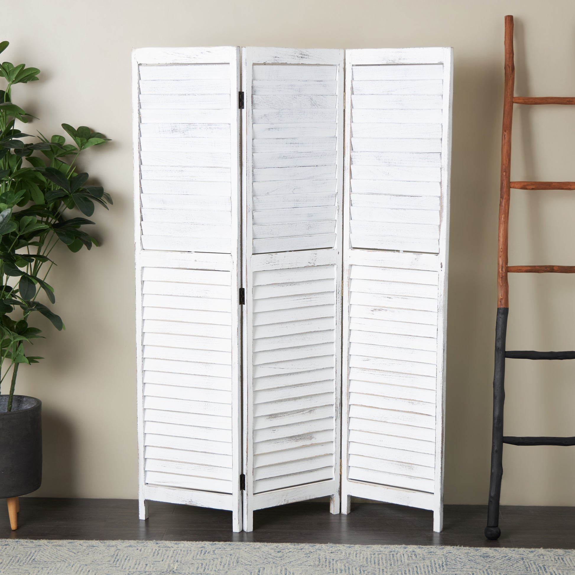 White Wood Washed Shutter Top 3 Panel Partition Room Divider Screen with Gray Distressing