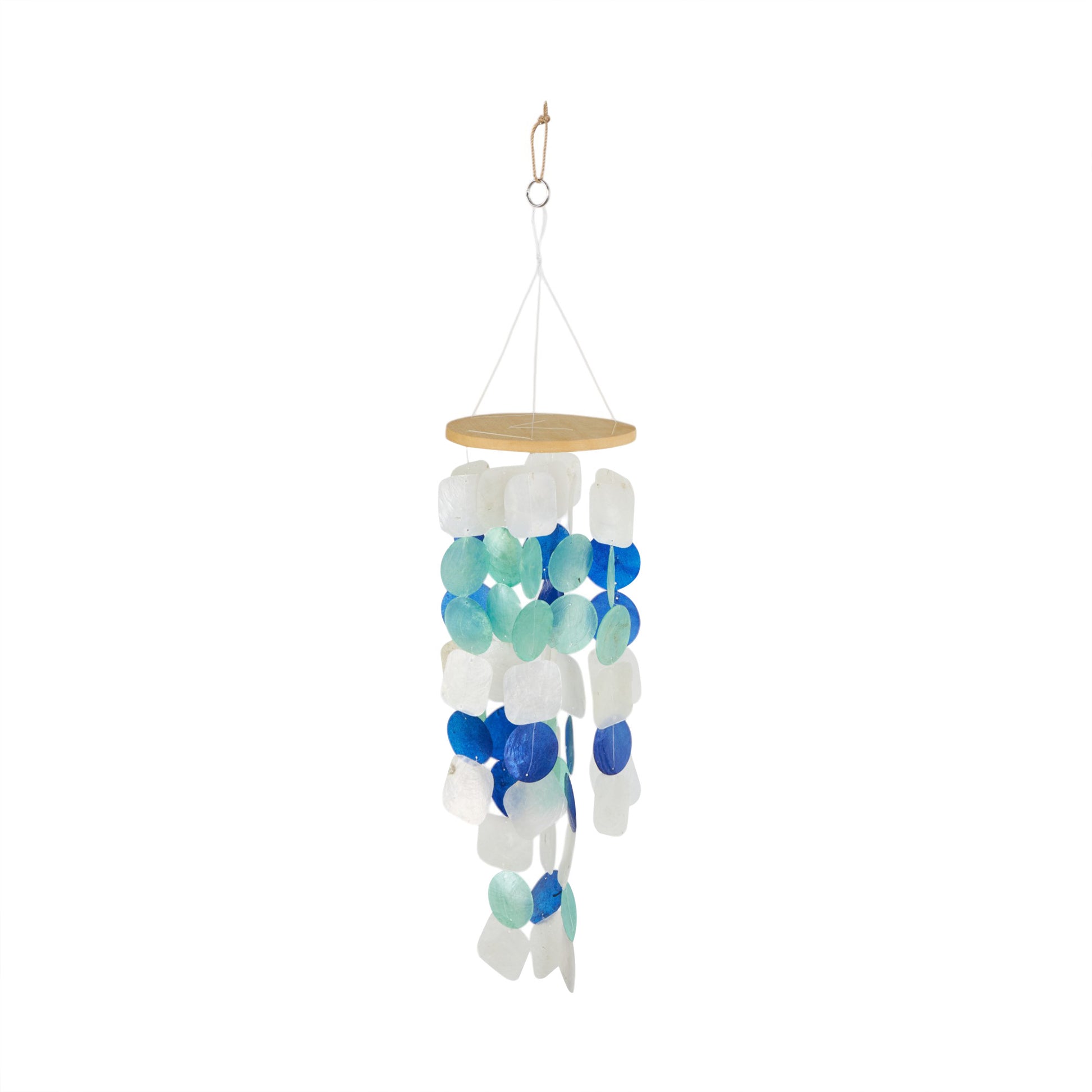 Geometric White Capiz Shell Waterfall Indoor Outdoor Windchime with Blue and Teal Accents