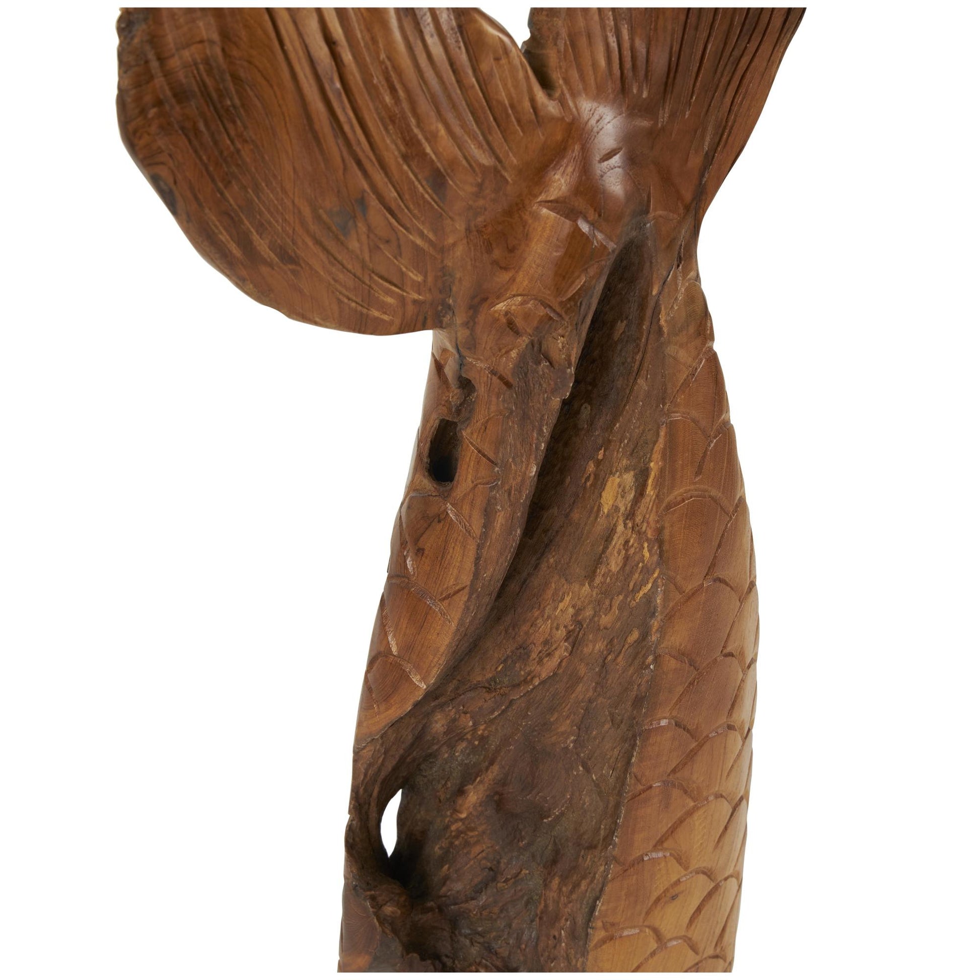 Set of 3 Whale Brown Teak Wood Handmade Tail Live Edge Decorative Sculpture with Intricate Carvings