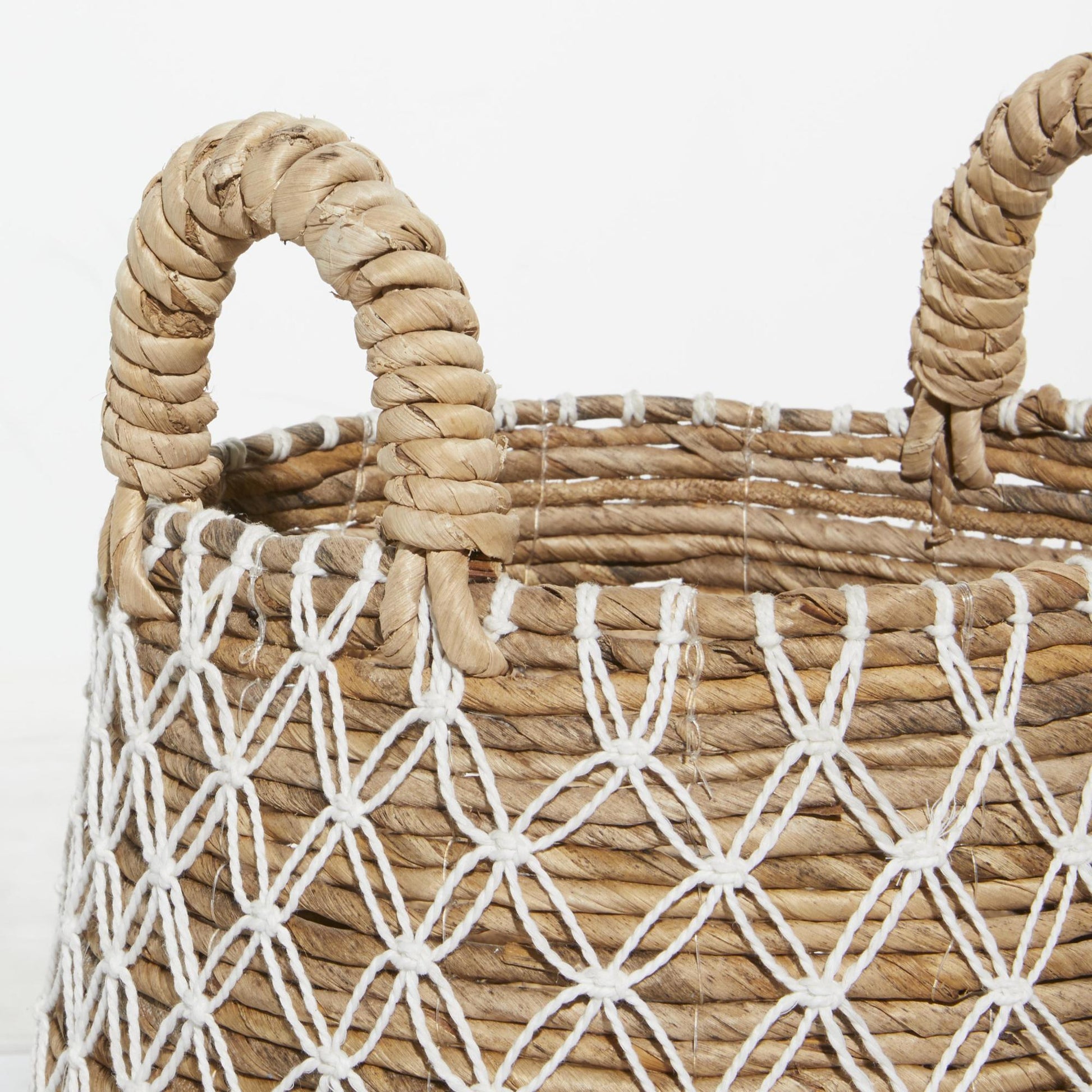 Set of 2 Brown Banana Leaf Handmade String Detail Decorative and Functional Storage Basket with Handles