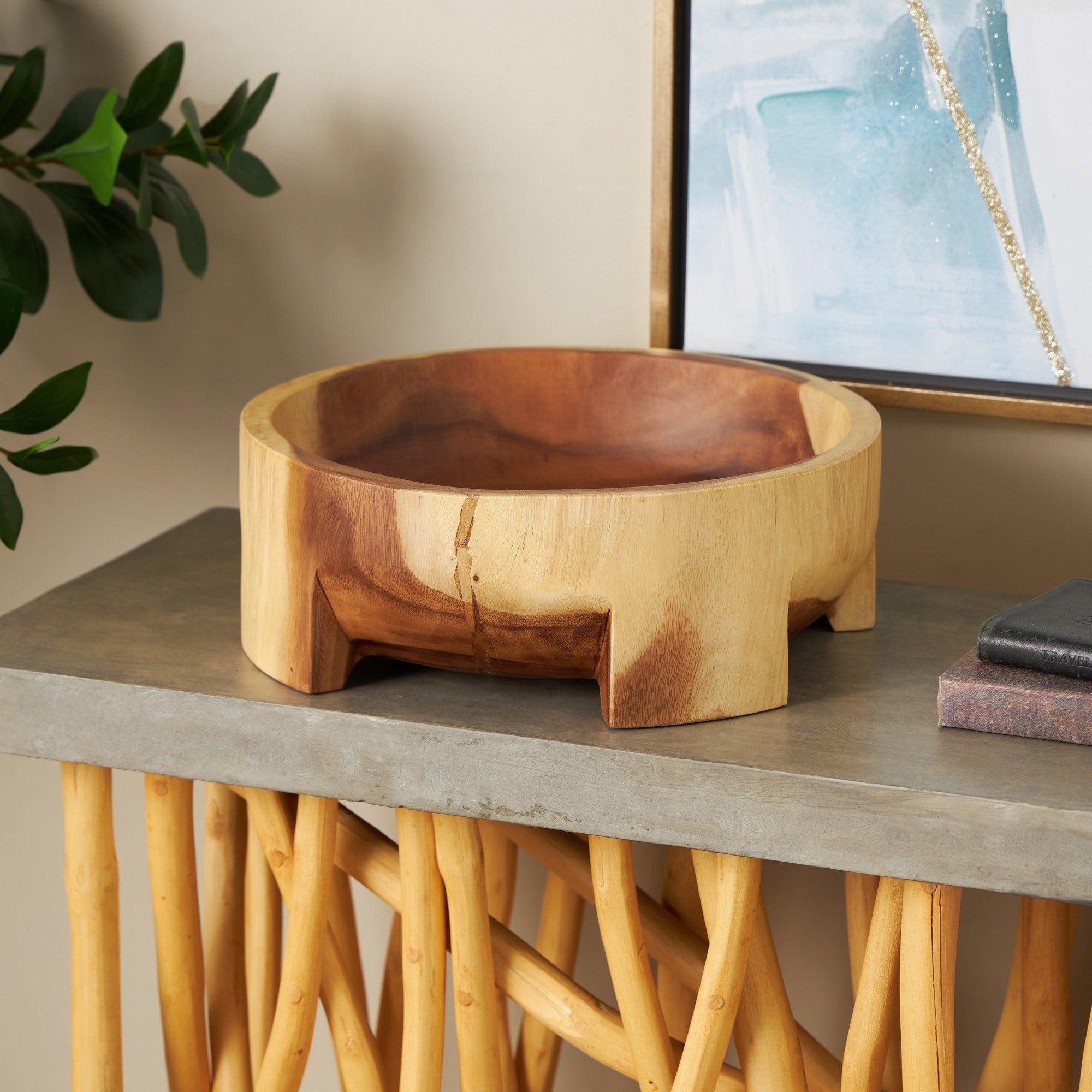 Light Brown Wood Handmade Round Large Decorative Bowl