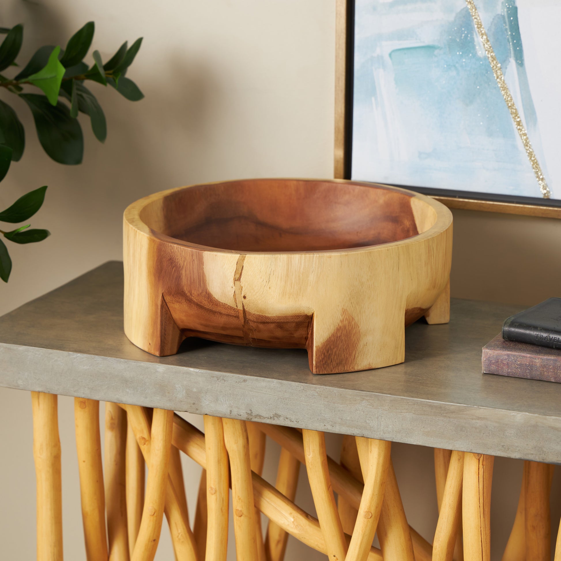 Light Brown Wood Handmade Round Large Decorative Bowl