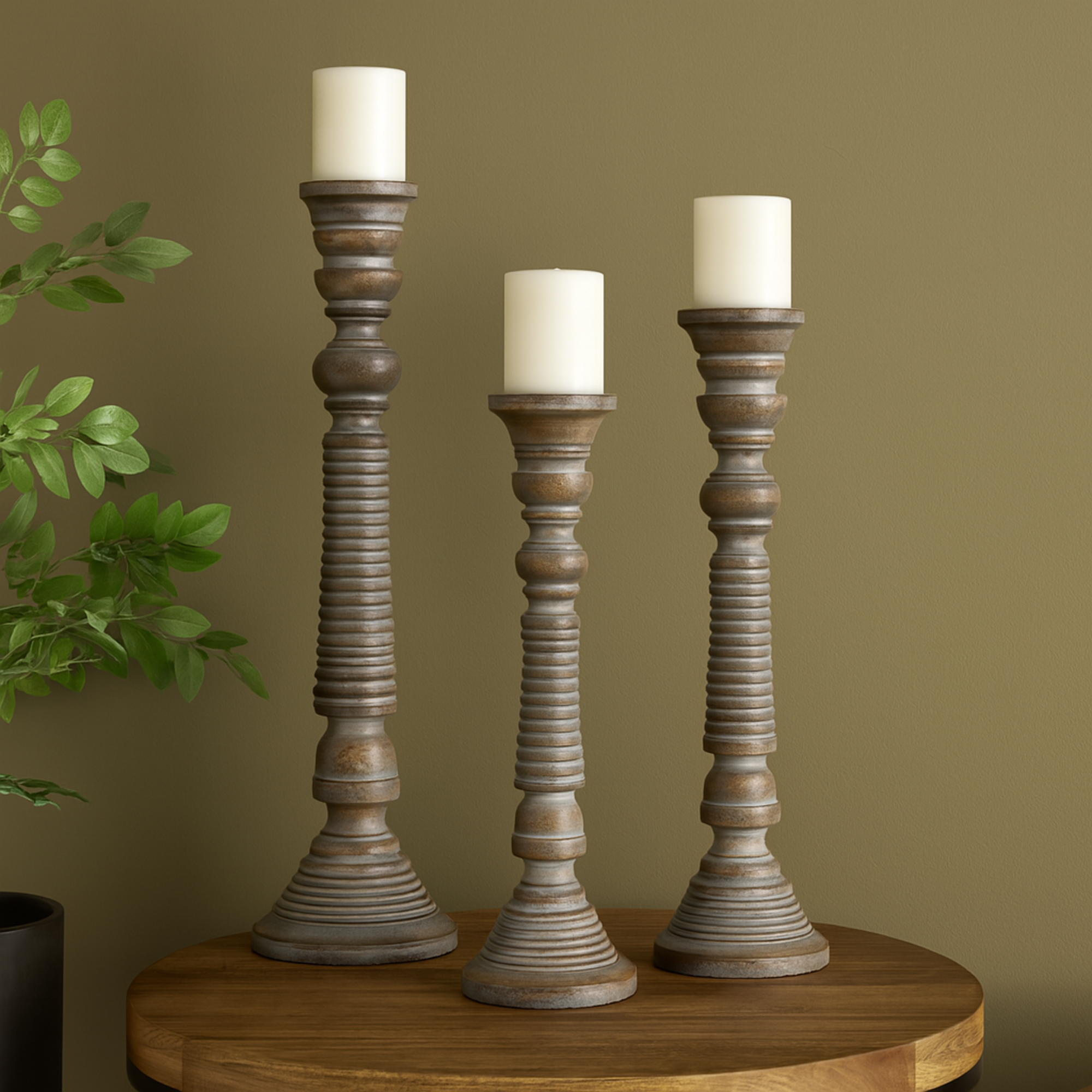 Set of 3 Light Gray Mango Wood Handmade Decorative Candle Holder