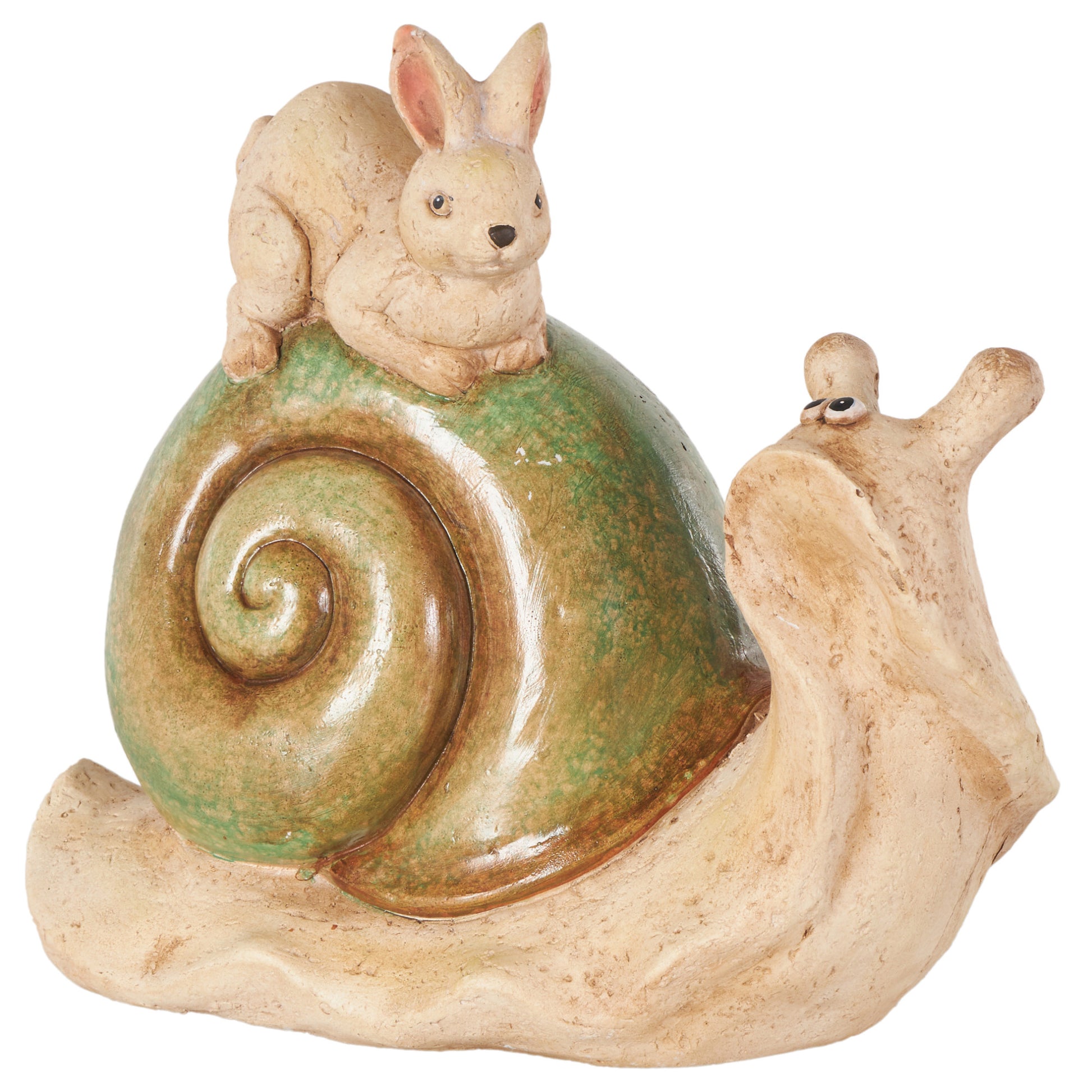 Snail Cream Magnesium Oxide Decorative Garden Sculpture with Rabbit and Green Accents