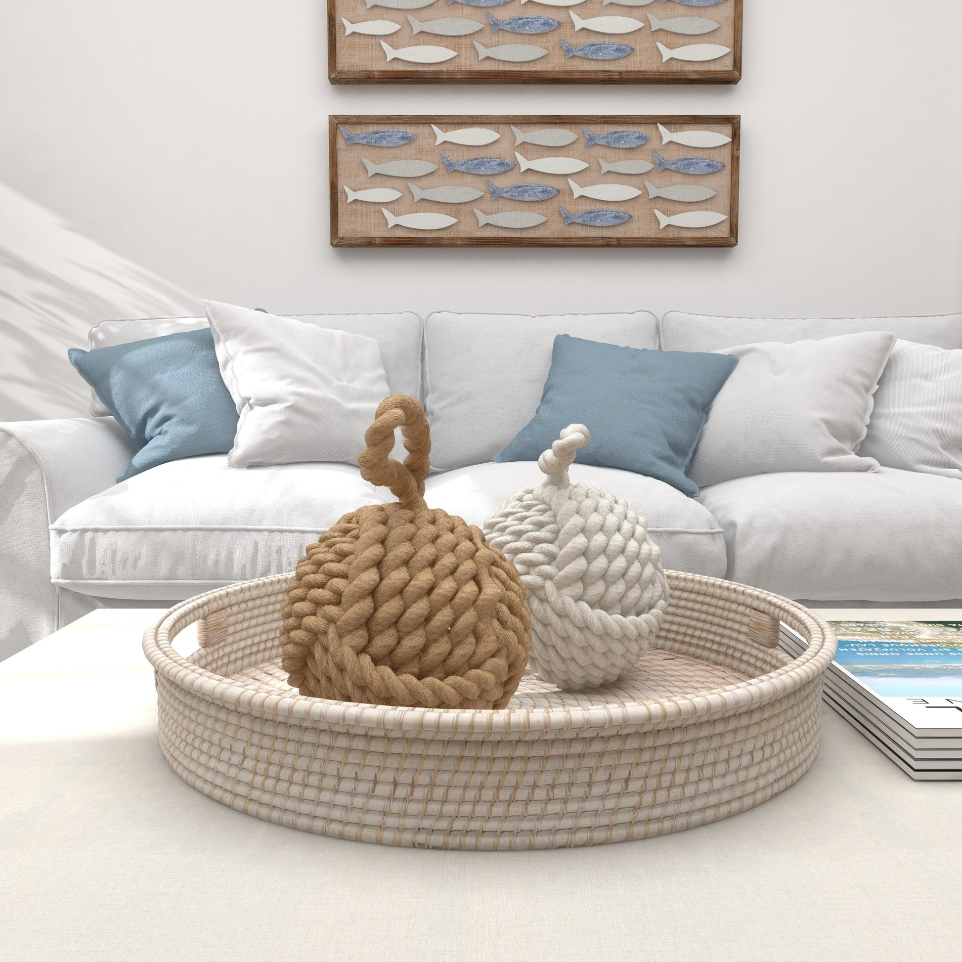 Set of 2 Knot Brown Jute Rope Cream Woven Decorative Sculpture with Hanging Loop