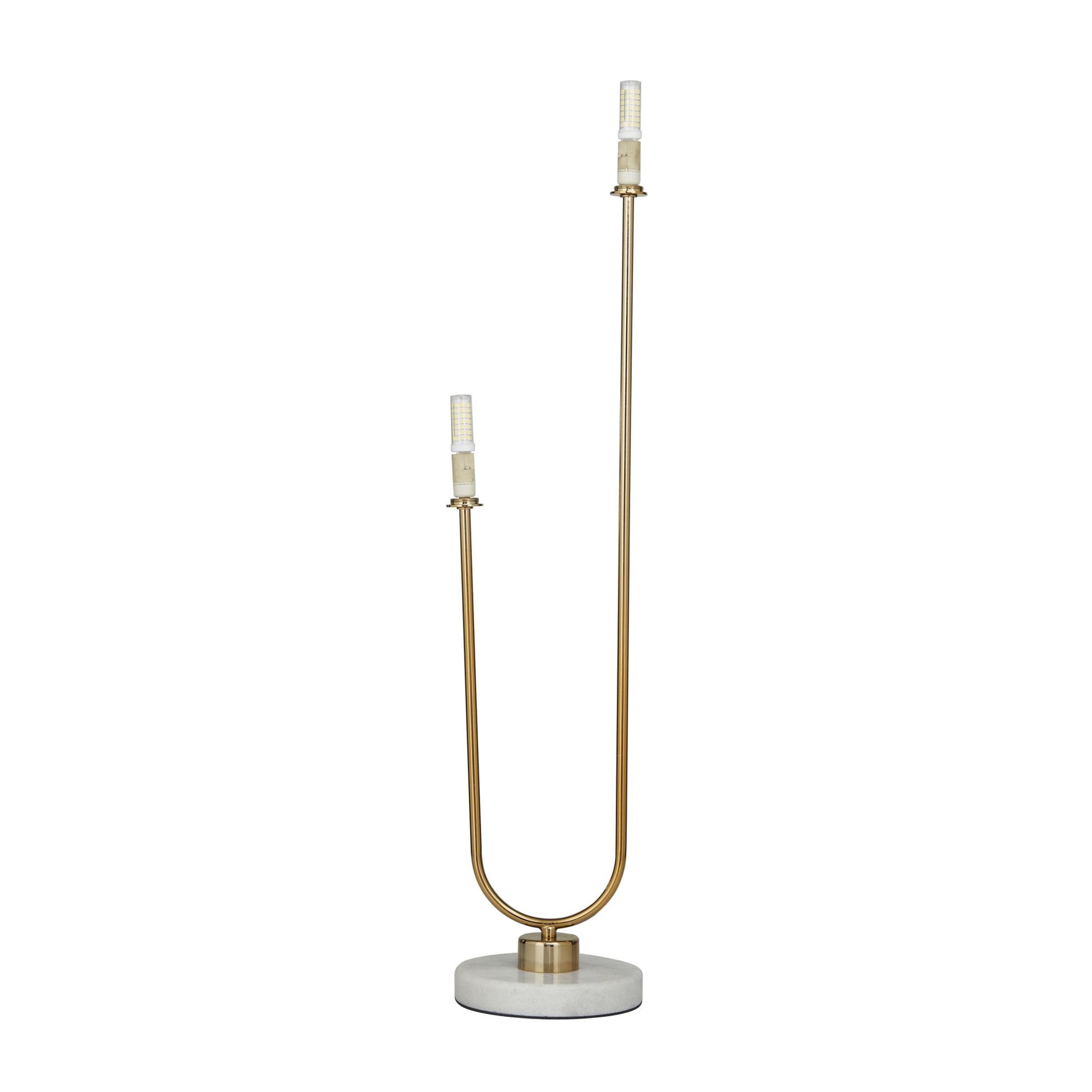 Gold Metal Curved Orb 2 Light Room Table Lamp with White Glass Shades and Marble Base