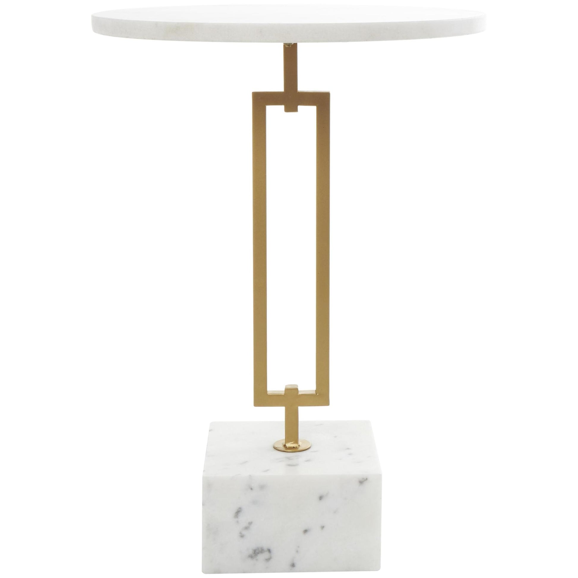 Geometric White Marble Side End Accent Table with Gold Metal Rectangular Stand