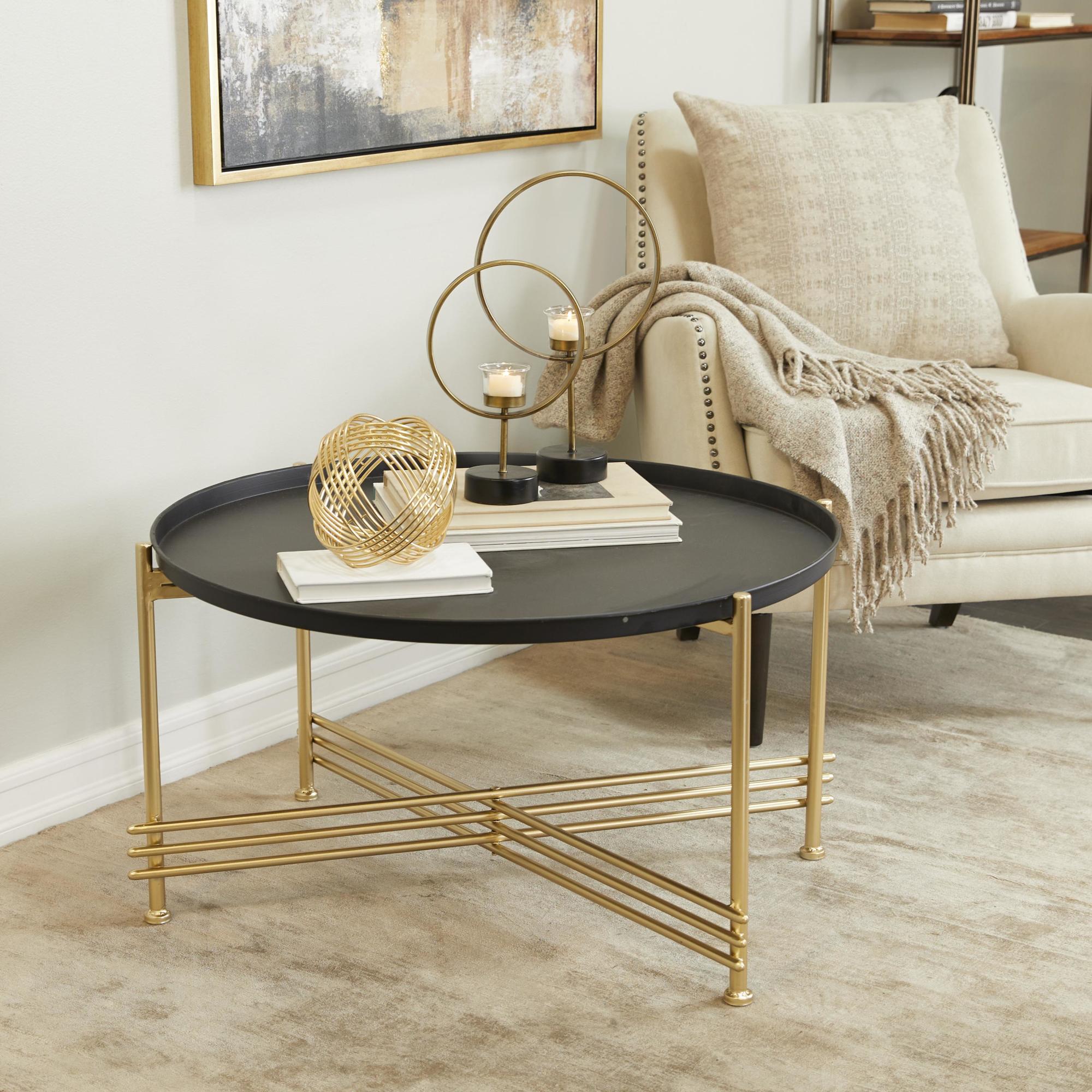 Black Metal Tray Top Living Room Coffee Table with Gold X-Shaped Base