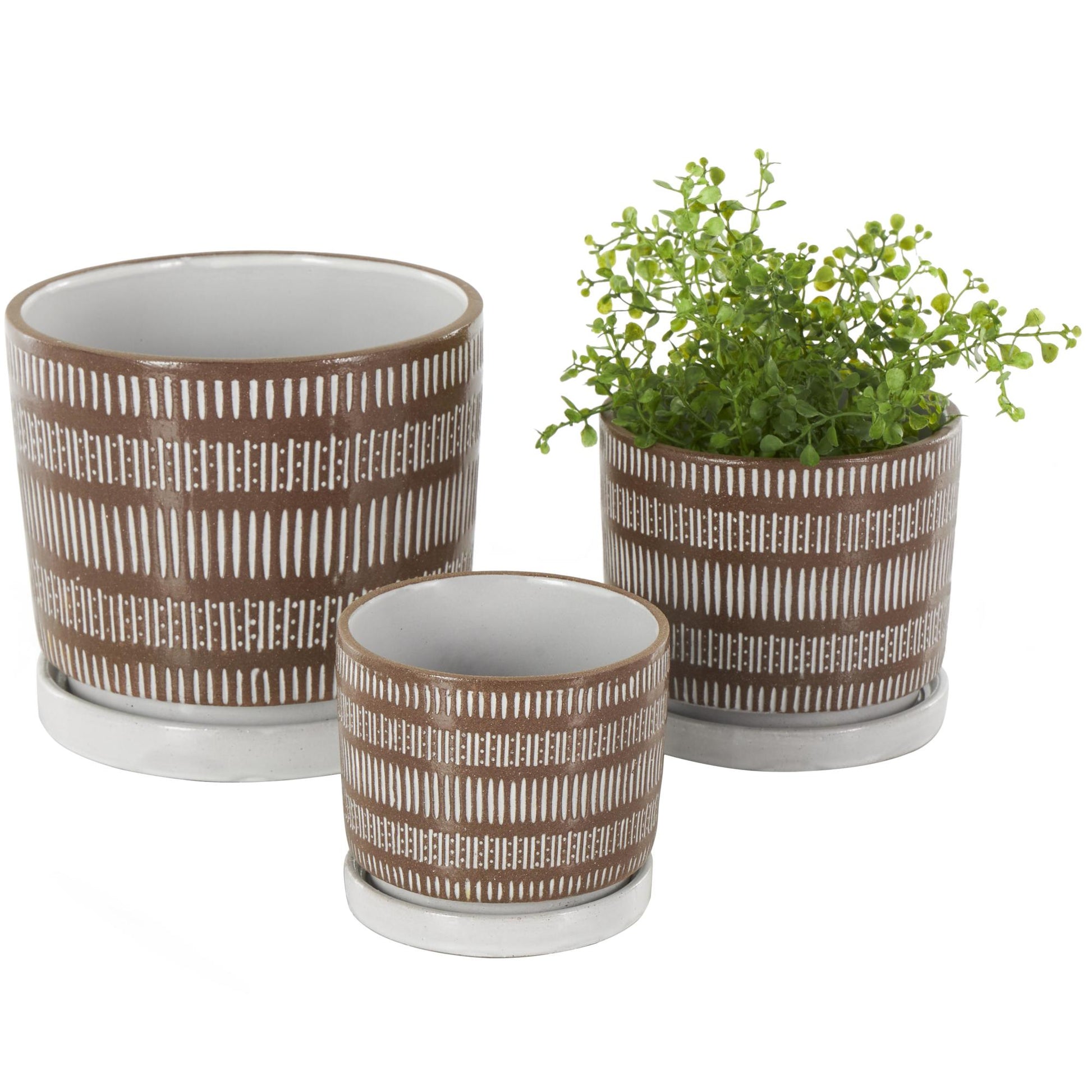 Set of 3 Brown Ceramic Polka Dot and Linear Patterned Indoor Outdoor Planter with White Accents and Base Tray