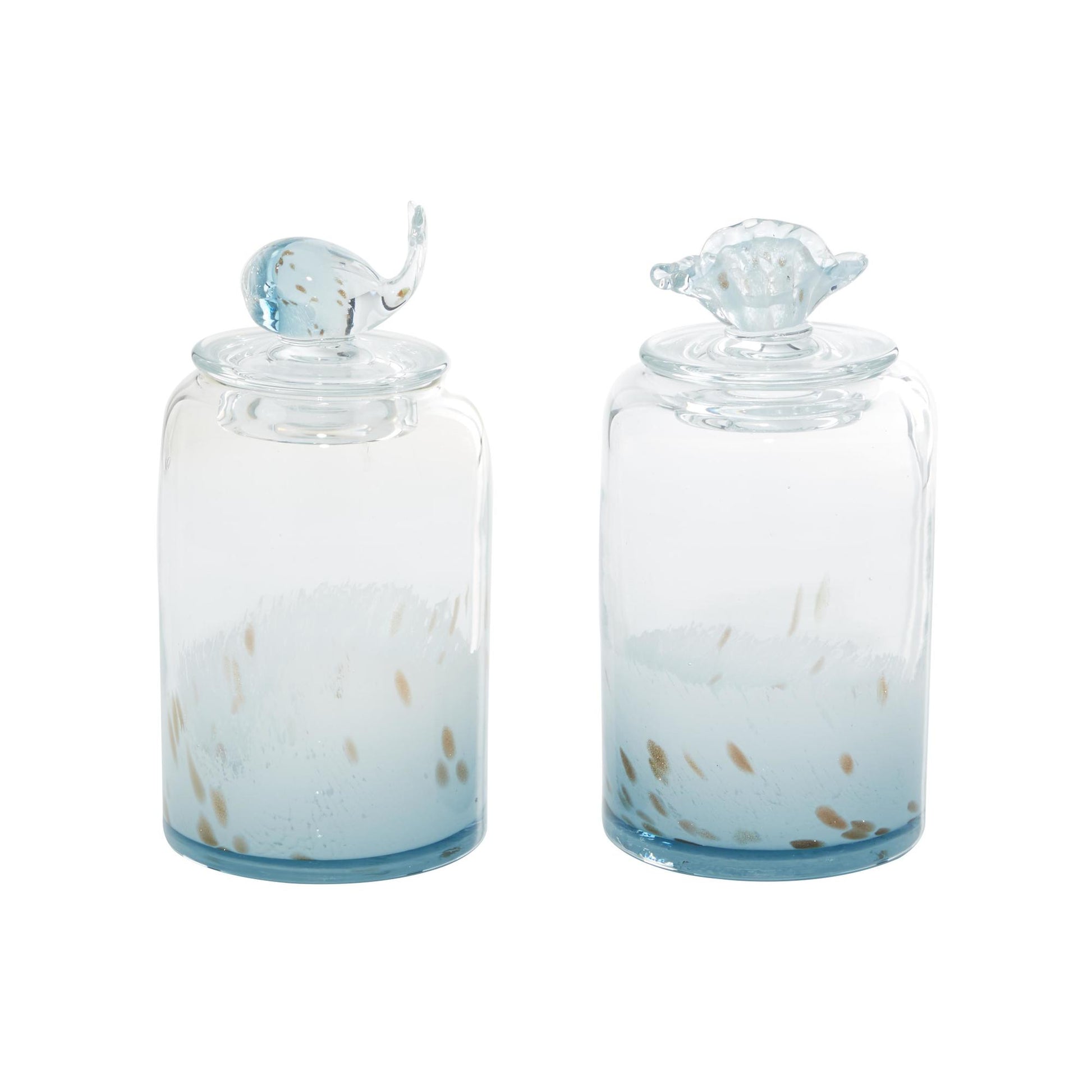 Set of 2 Shell Blue Glass Handmade Living Room Decorative Jars with Whale and Seashell Tops