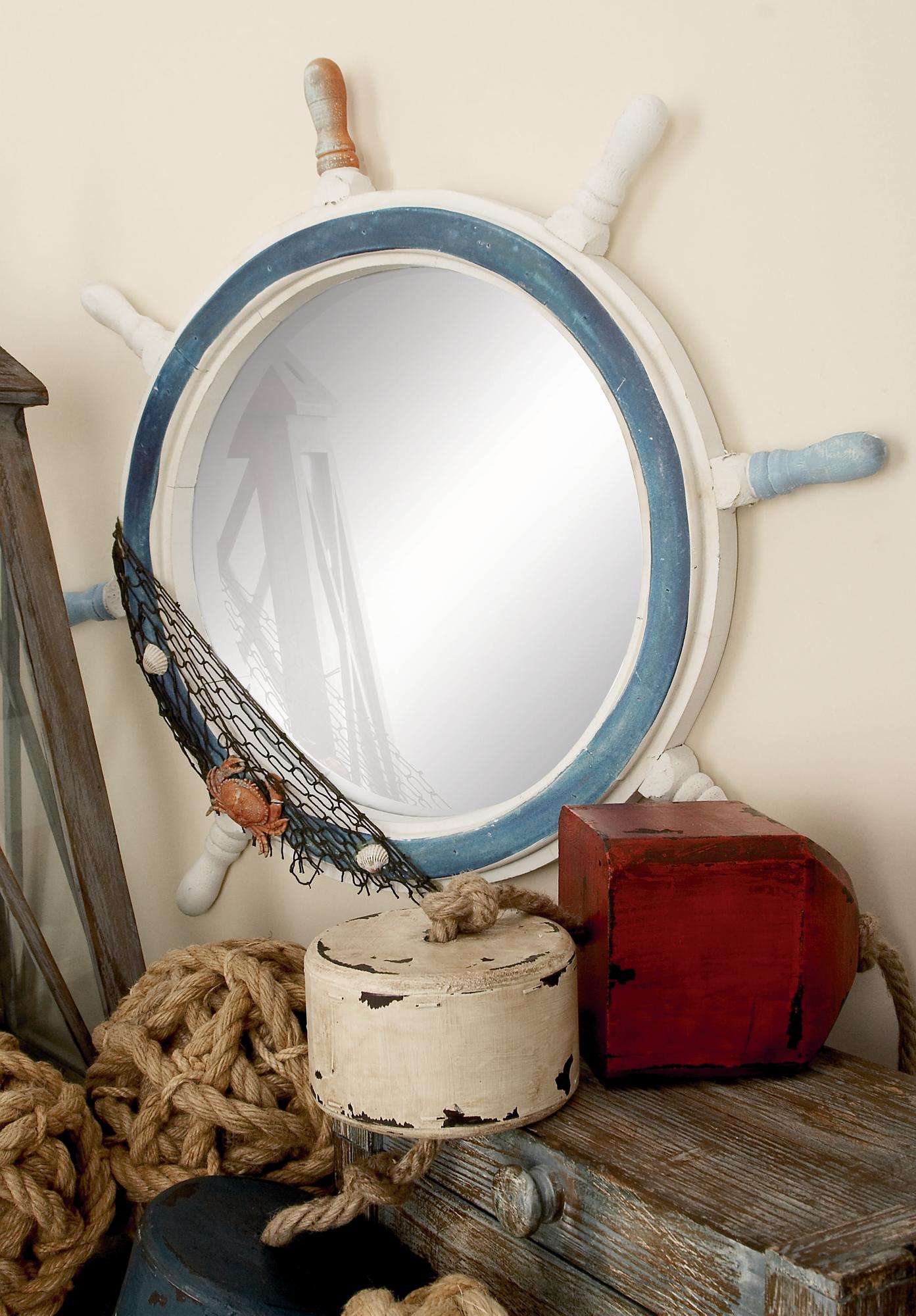 Ship Wheel Blue Wood Room Wall Mirror with White Spokes and Sealife with Netting Accent
