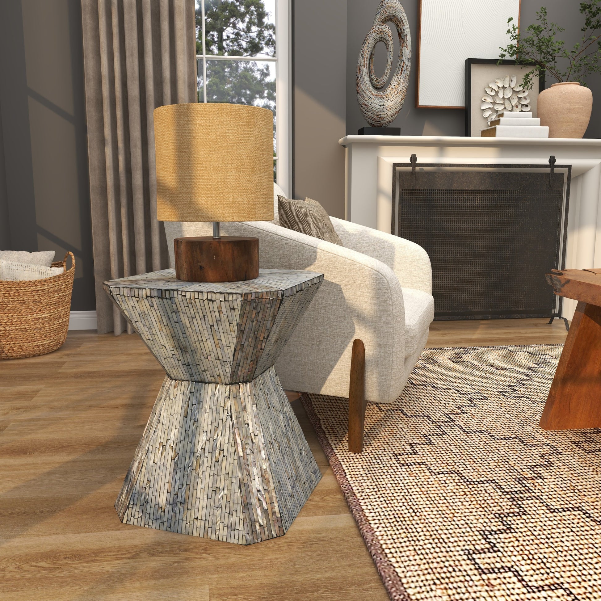 Geometric Gray Mother of Pearl Shell Handmade Hourglass Side End Accent Table with Linear Mosaic Pattern