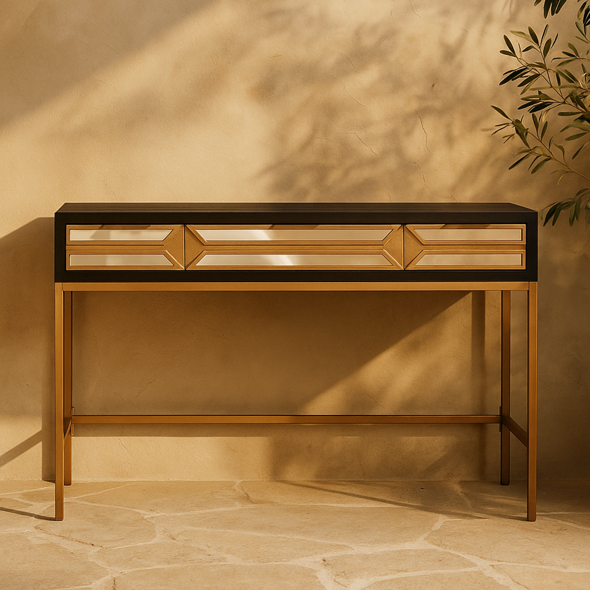 Black Wooden 3 Drawer Desk with Mirrored Front and Outlet