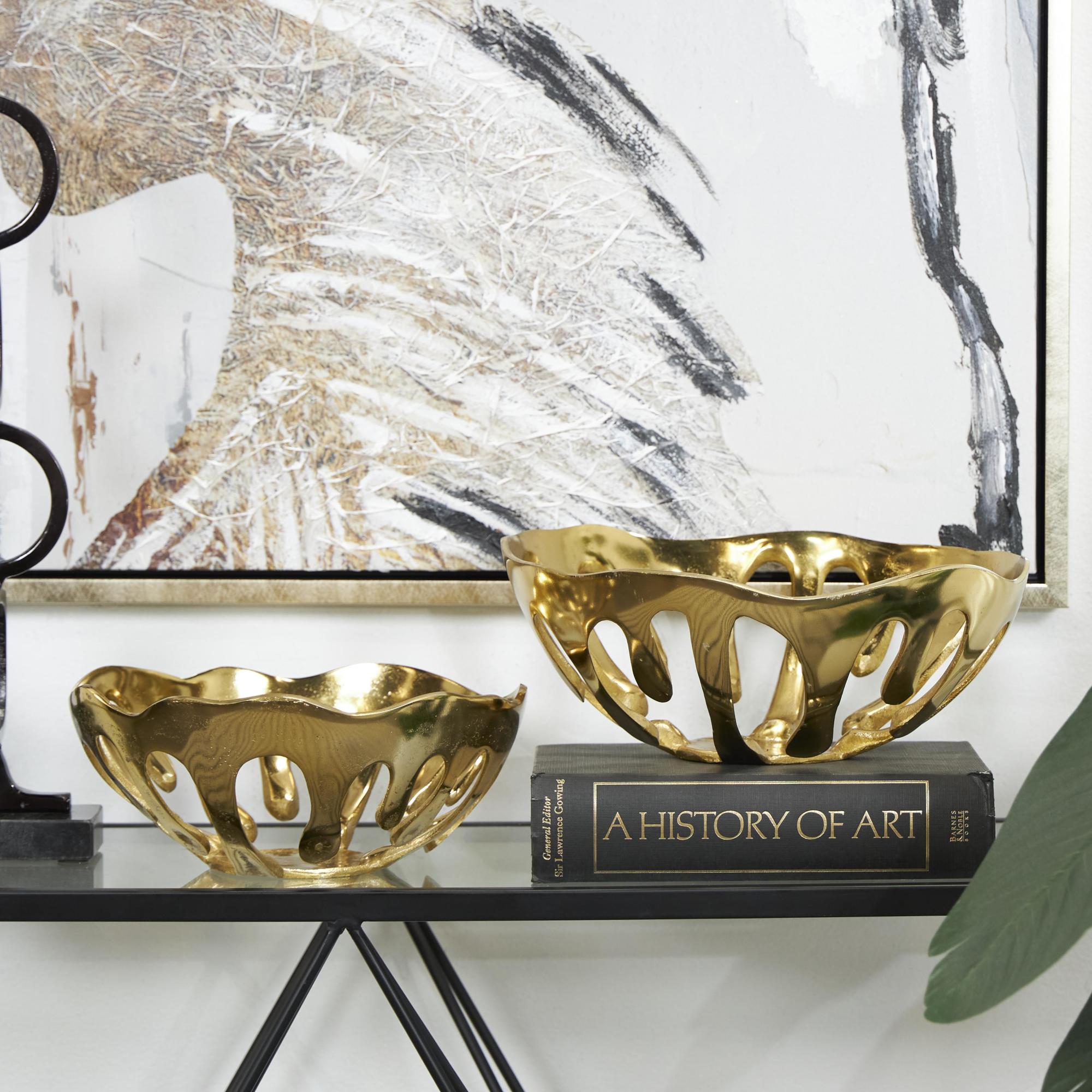 Set of 2 Abstract Aluminum Metal Drip Large Decorative Bowl with Melting Designed Body