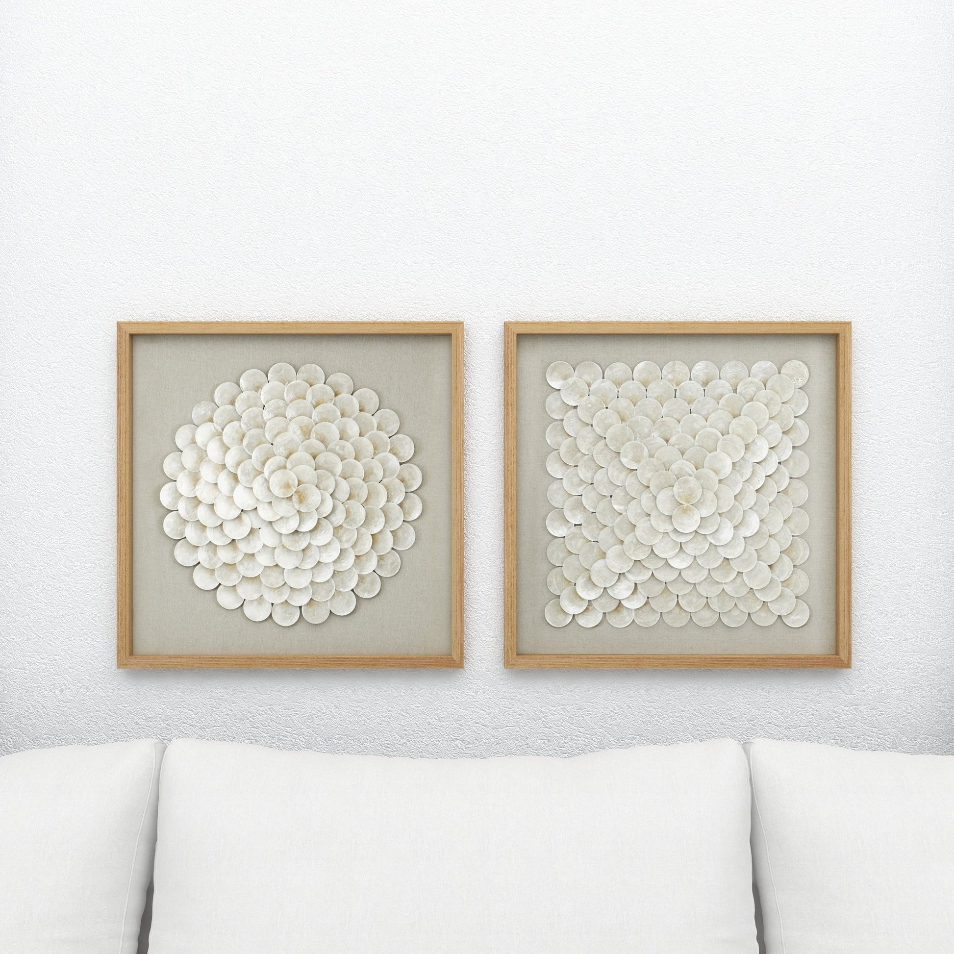 Set of 2 Geometric Cream Shell Handmade Overlapping Shells Home Shadow Box with Canvas Backing