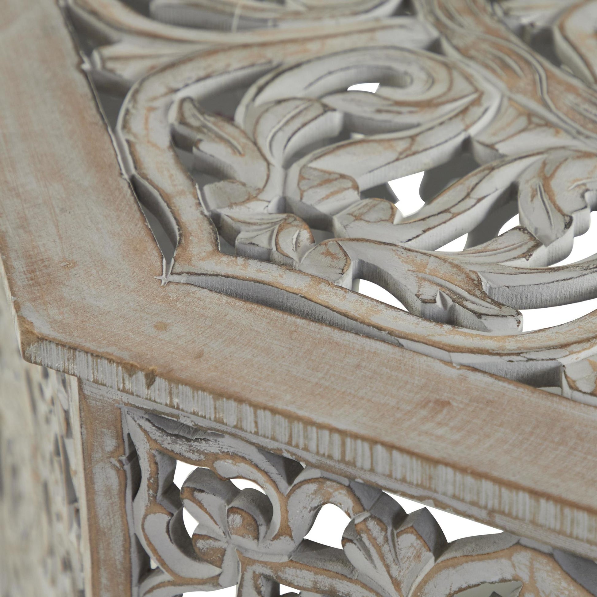 Floral Light Gray Wooden Handmade Intricately Carved Living Room Coffee Table with Hollow Interior