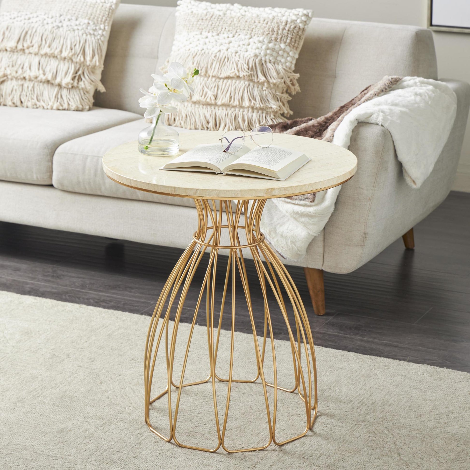 Gold Metal Flower Inspired Side End Accent Table with Cream Marble Tabletop