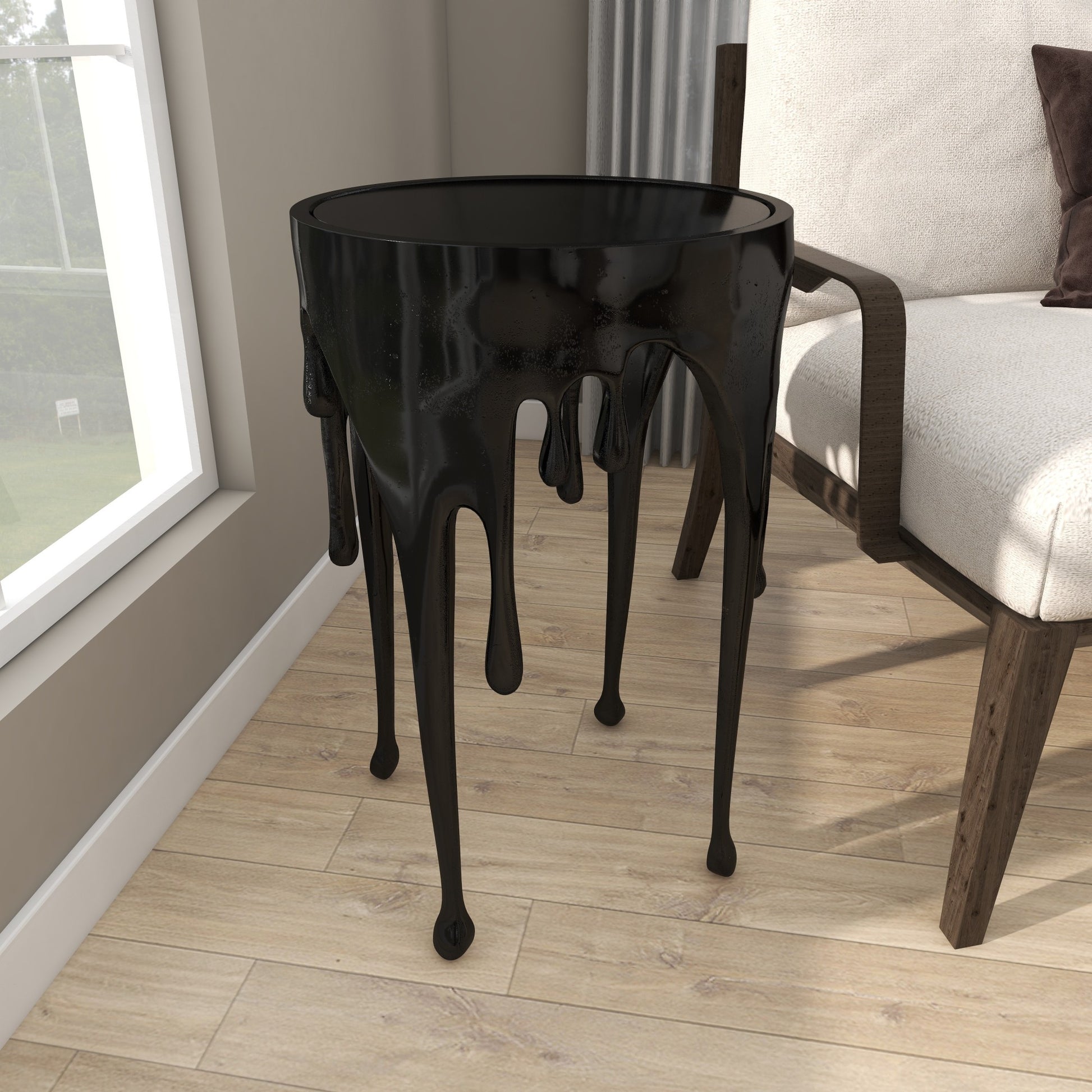 Abstract Aluminum Metal Drip Side End Accent Table with Melting Design and Shaded Glass Top