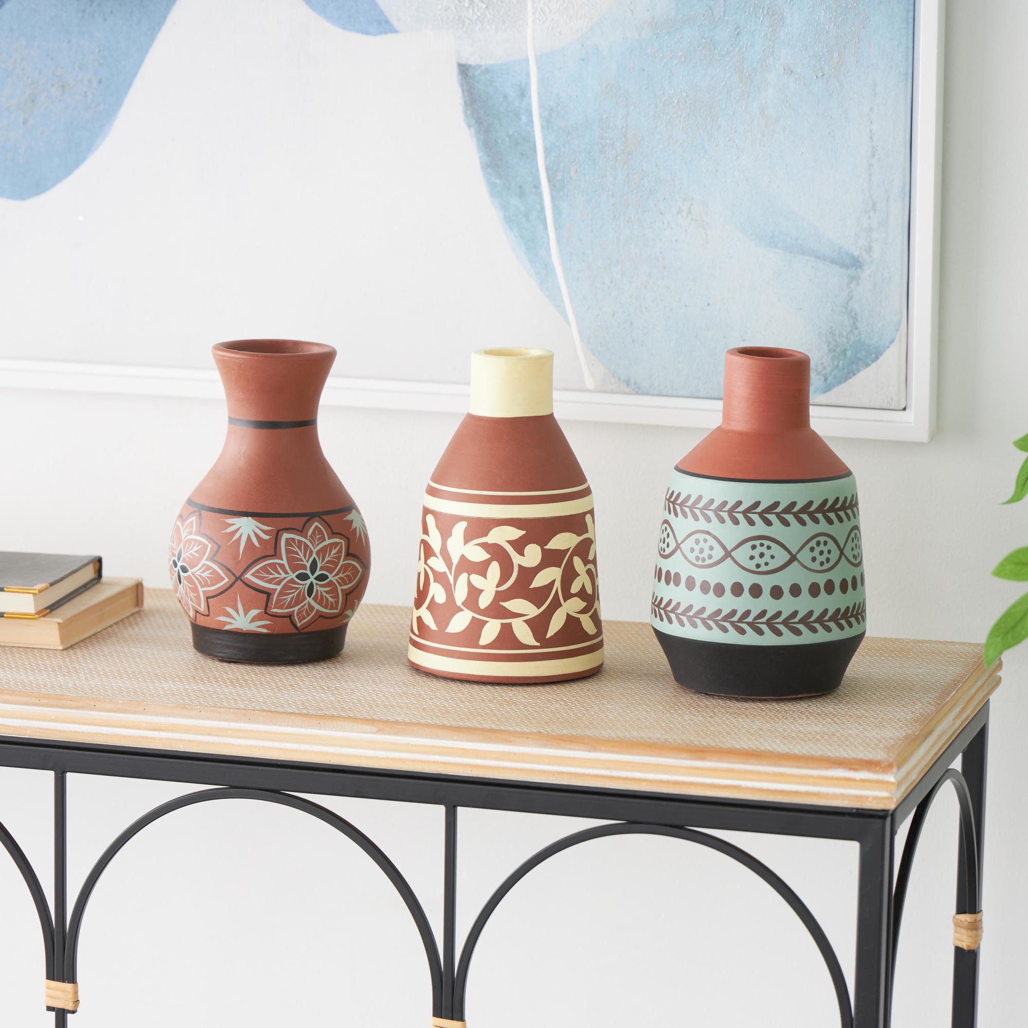 Set of 3 Floral Orange Ceramic Decorative Vase with 3 Different Patterns and Shapes