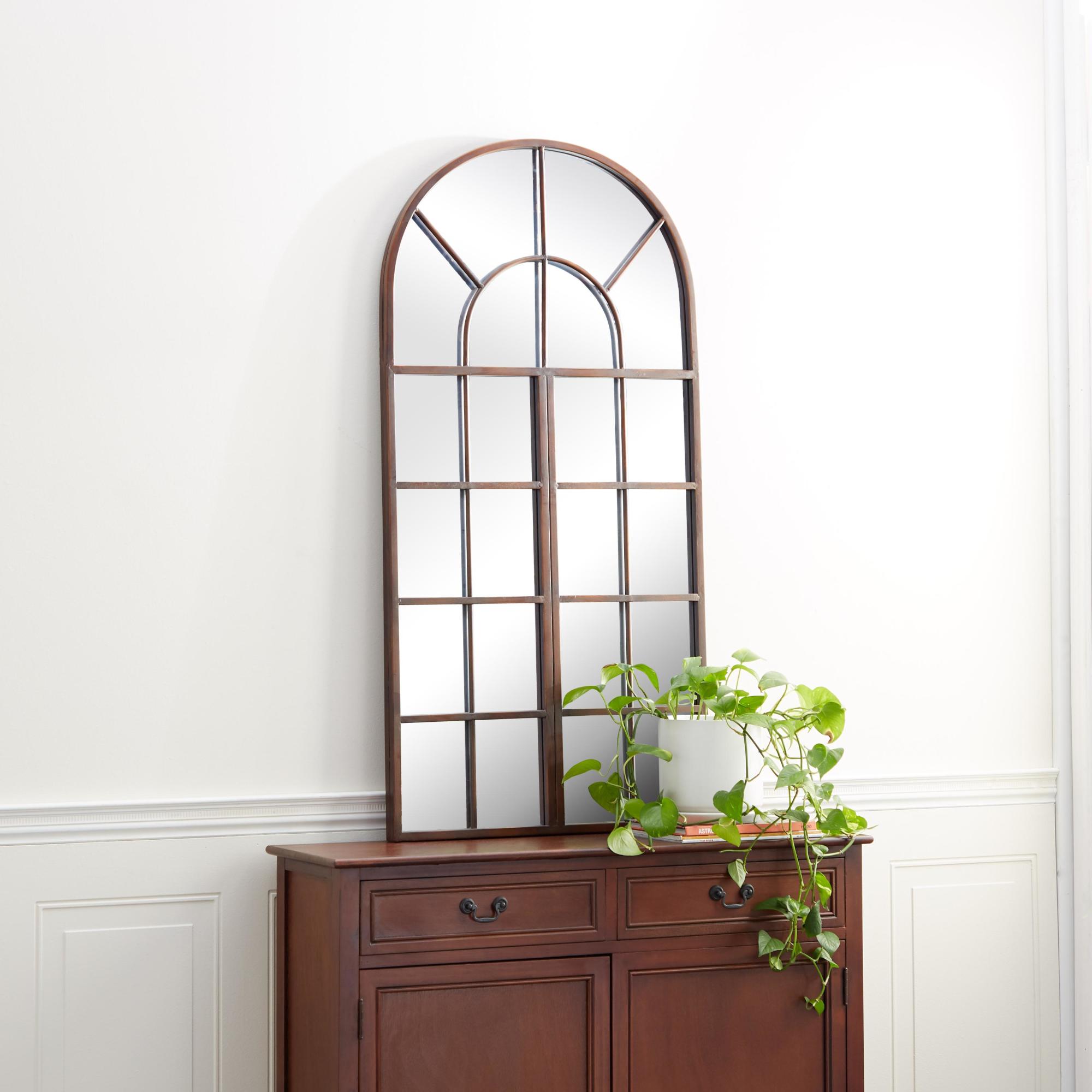 Brown Metal Arched Window Pane Room Wall Mirror