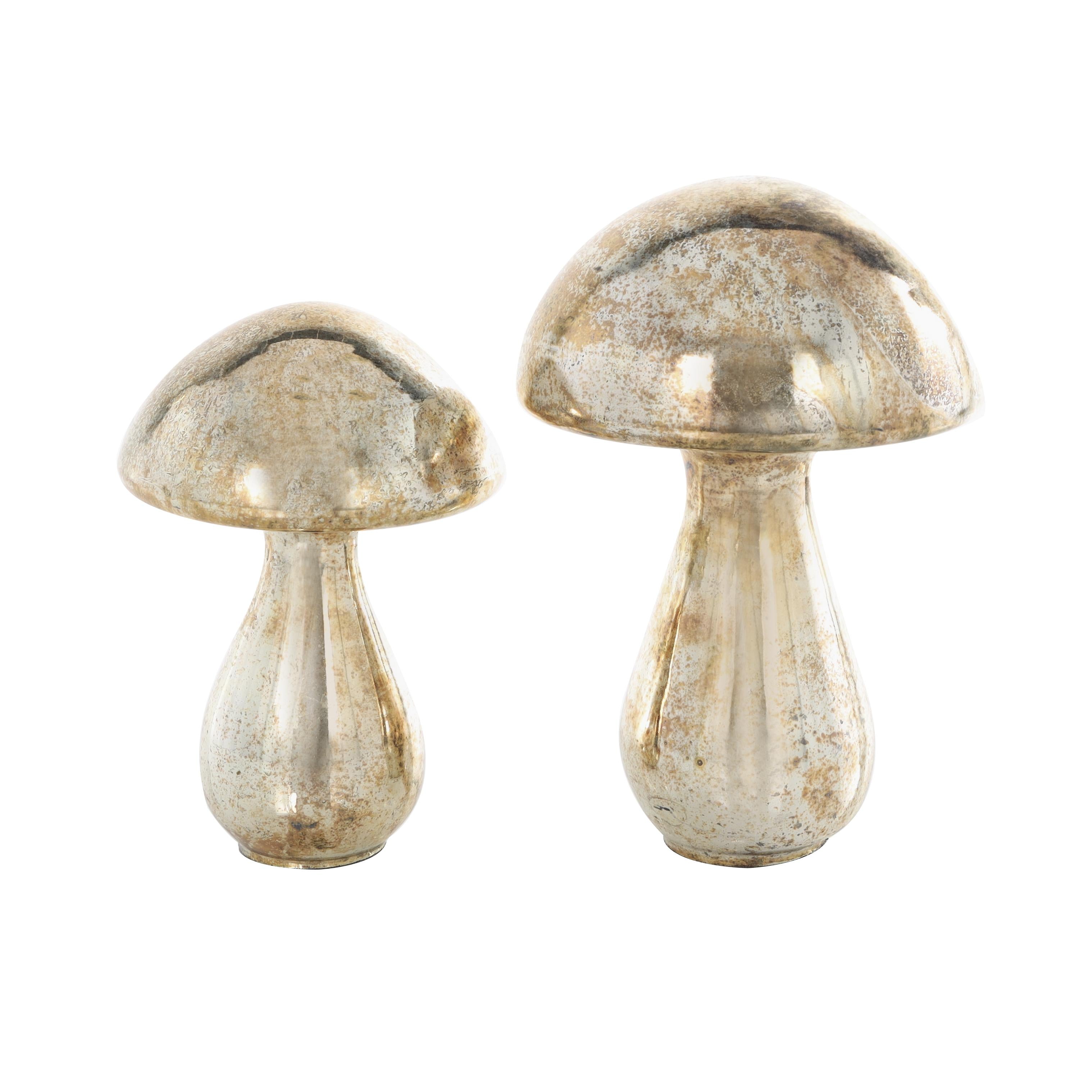 Set of 2 Mushroom Glass Handmade Glossy Weathered Decorative Sculpture