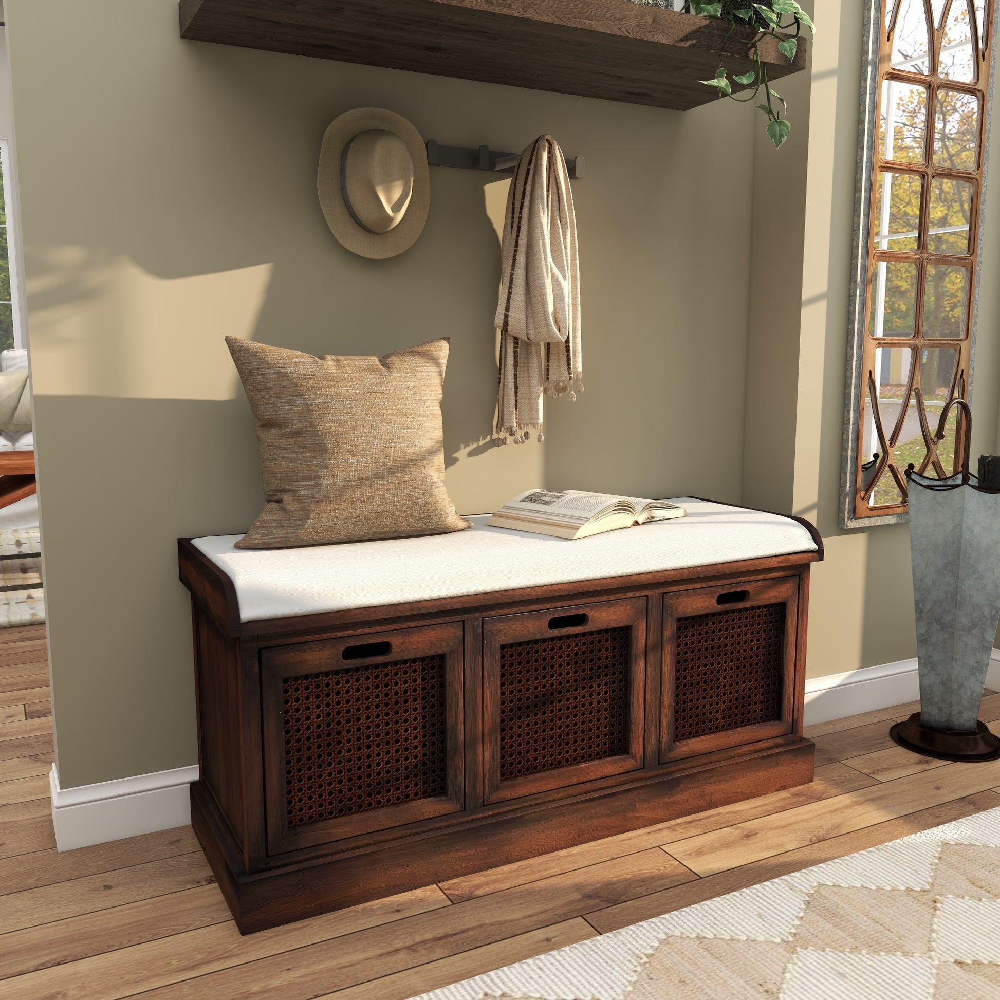 Brown Wood Room Storage Bench with Upholstered Seat
