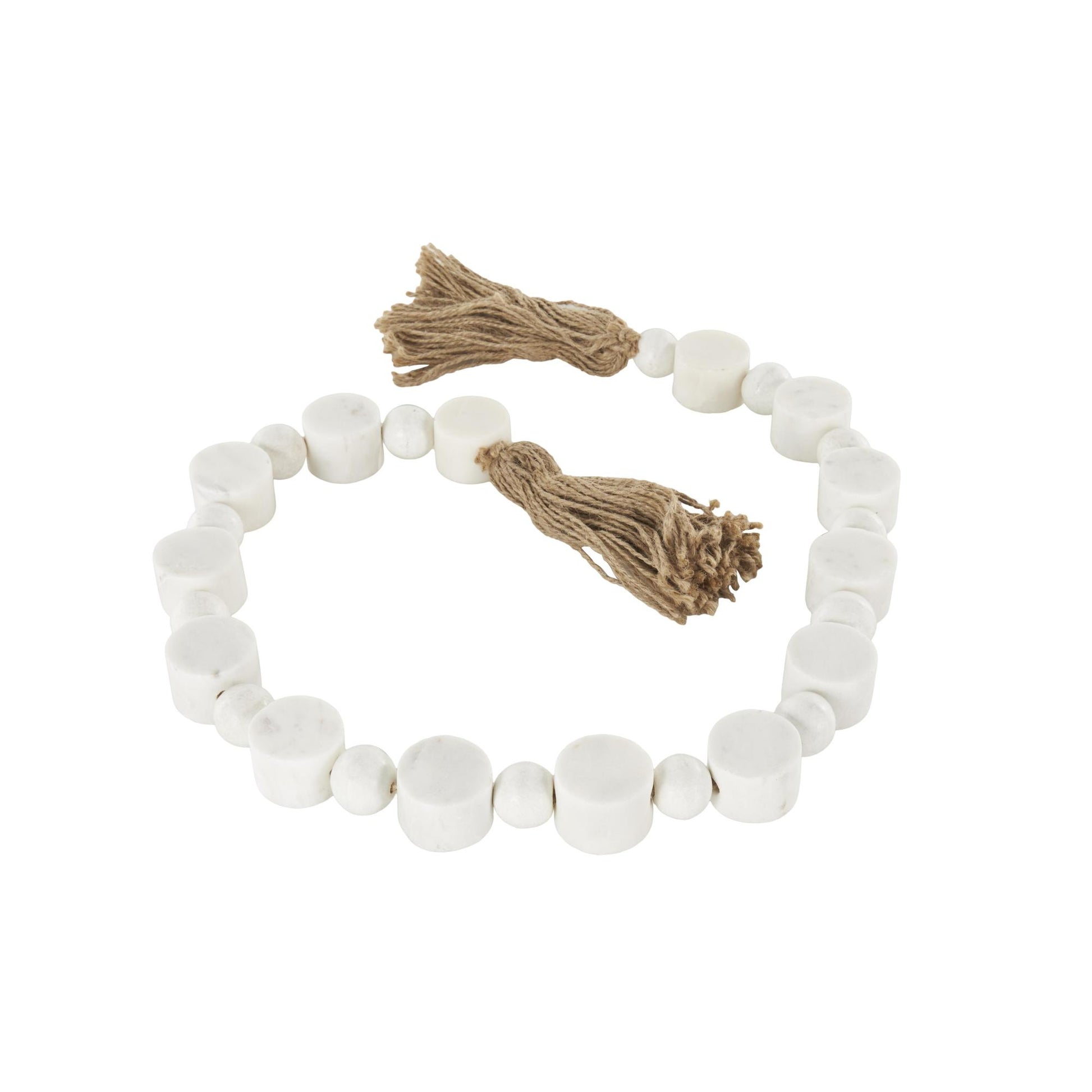 White Marble Handmade Round Extra Long Orb Beaded Garland with Tassel with Knotted Brown Jute