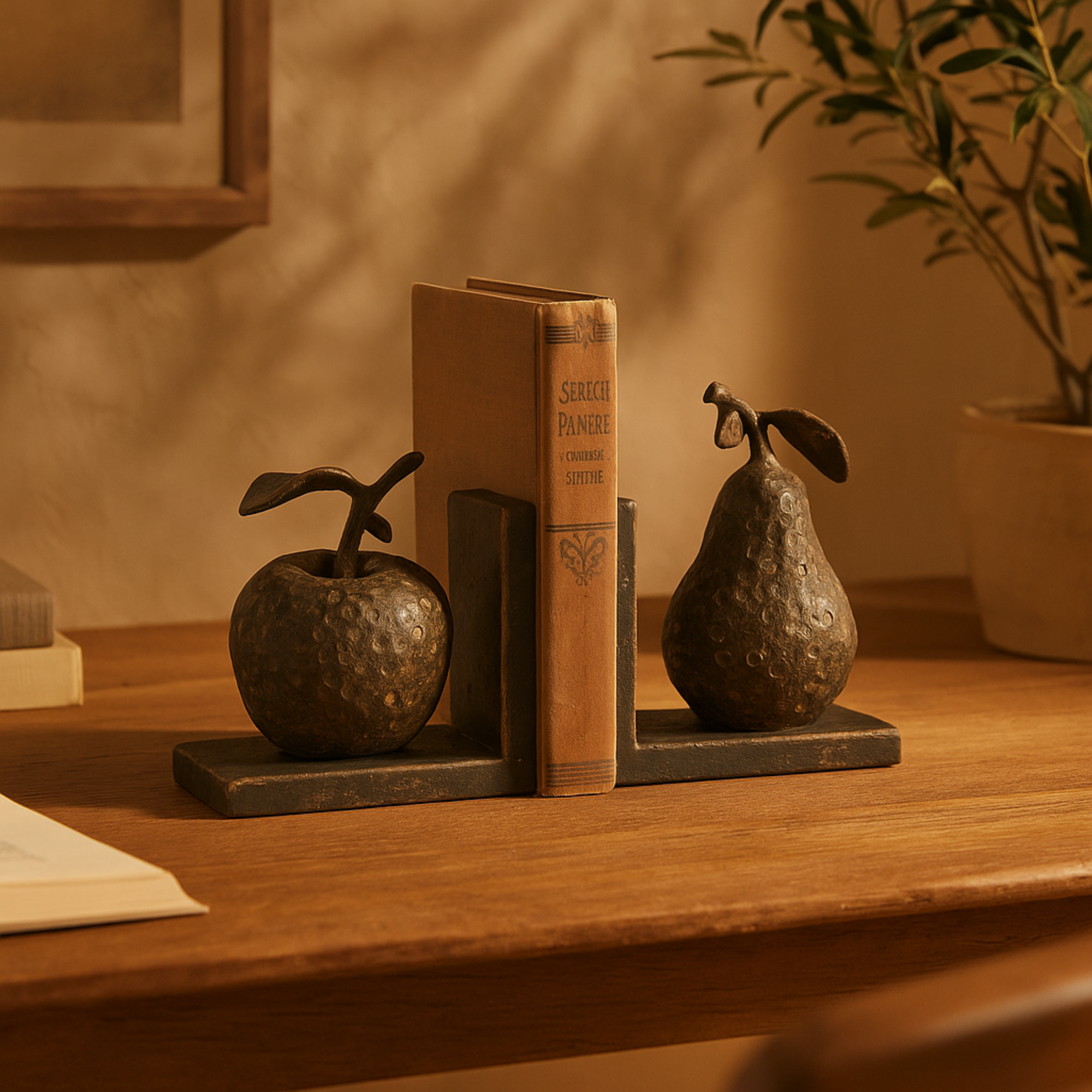 Set of 2 Fruit Gray Metal Apple and Pear Decorative Bookends