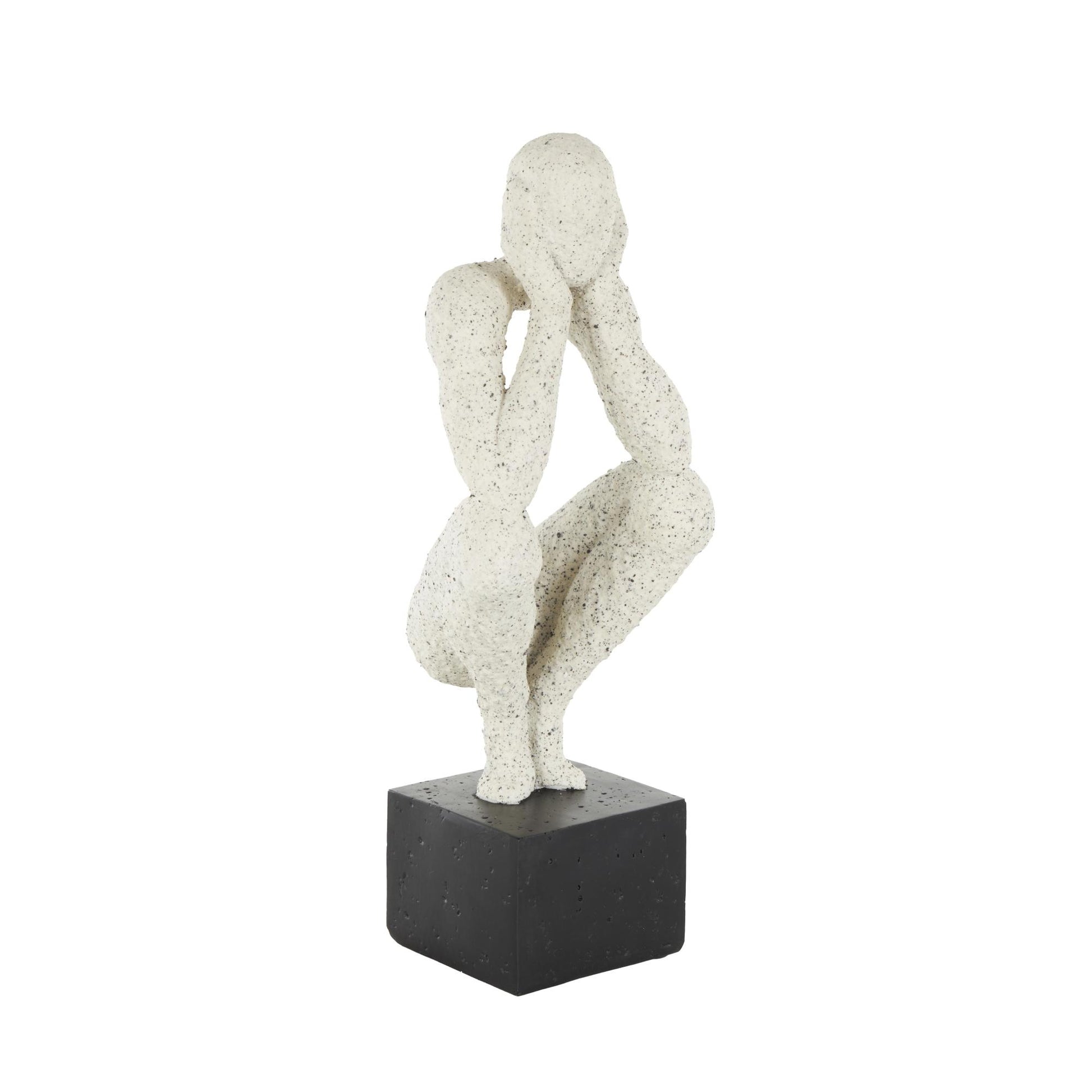 People Cream Polystone Crouching Decorative Sculpture with Black Square Base