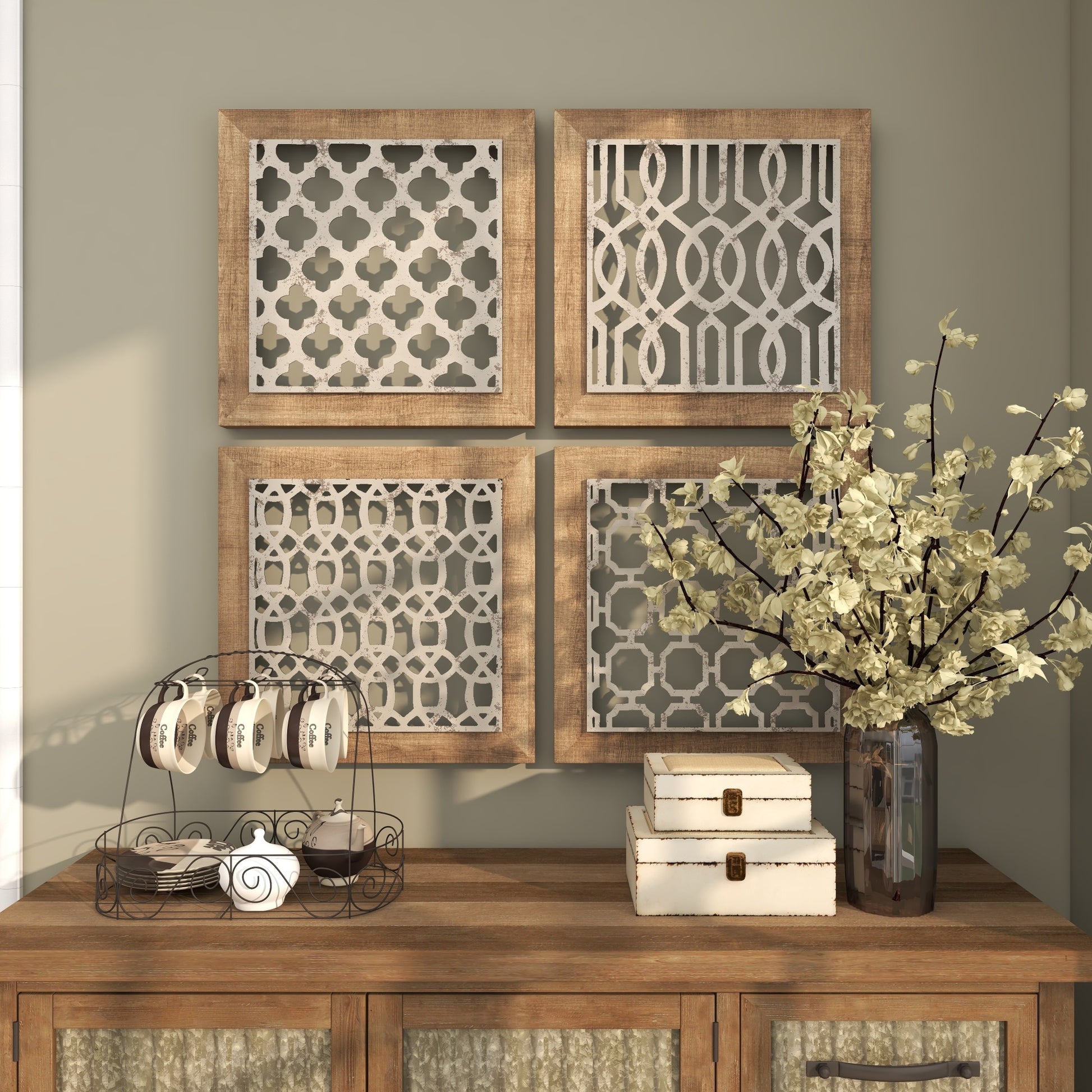Set of 4 Geometric Brown Wood Home Wall Decor with Silver Metal Trellis Cutouts
