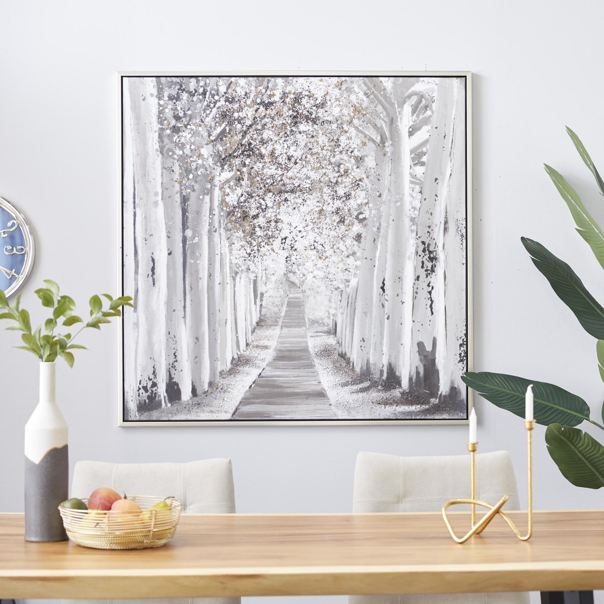 Tree Gray Canvas Forest Landscape Living Room Framed Wall Art with Dimensional Paint Texturing
