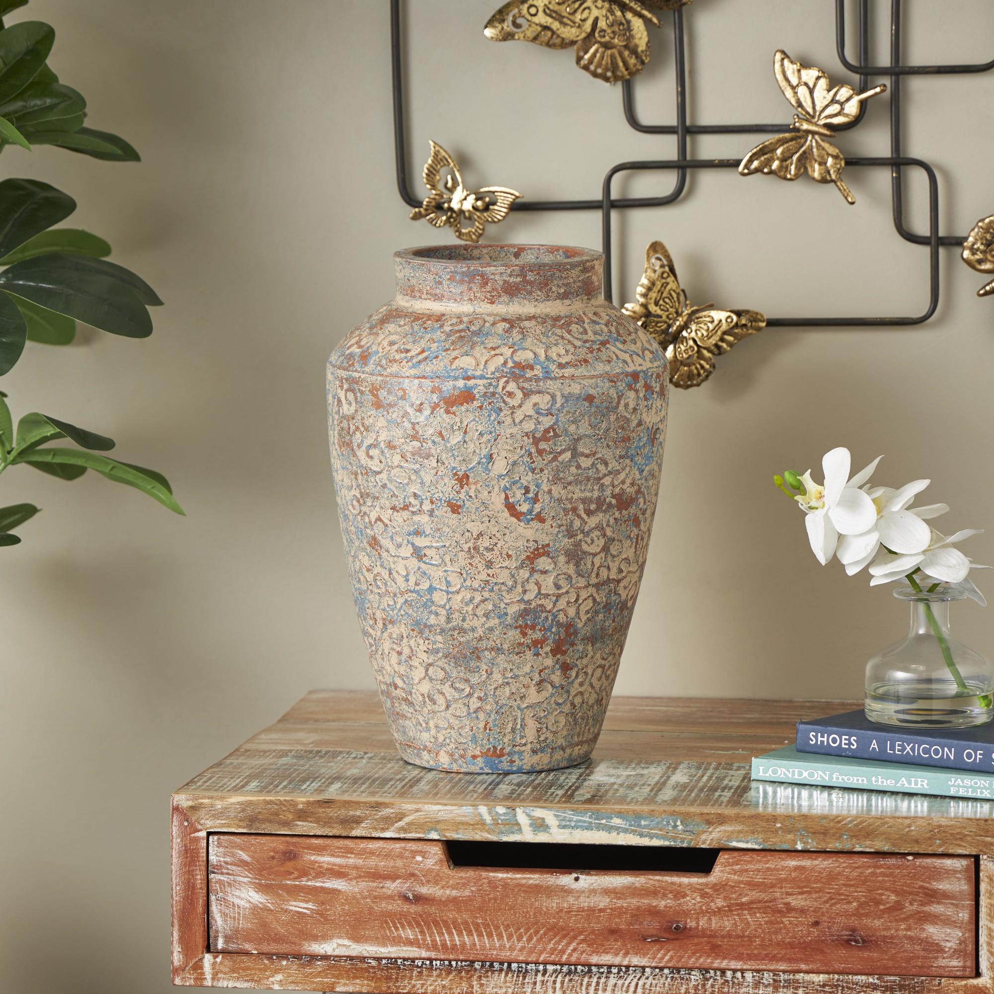 Scroll Beige Ceramic Handmade Antique Style Decorative Vase with Blue and Copper Accents