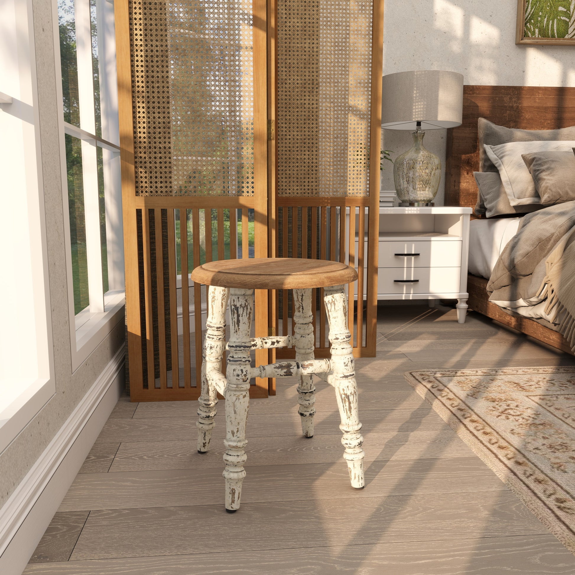 White Wood Living Room Stool with Brown Wood Top