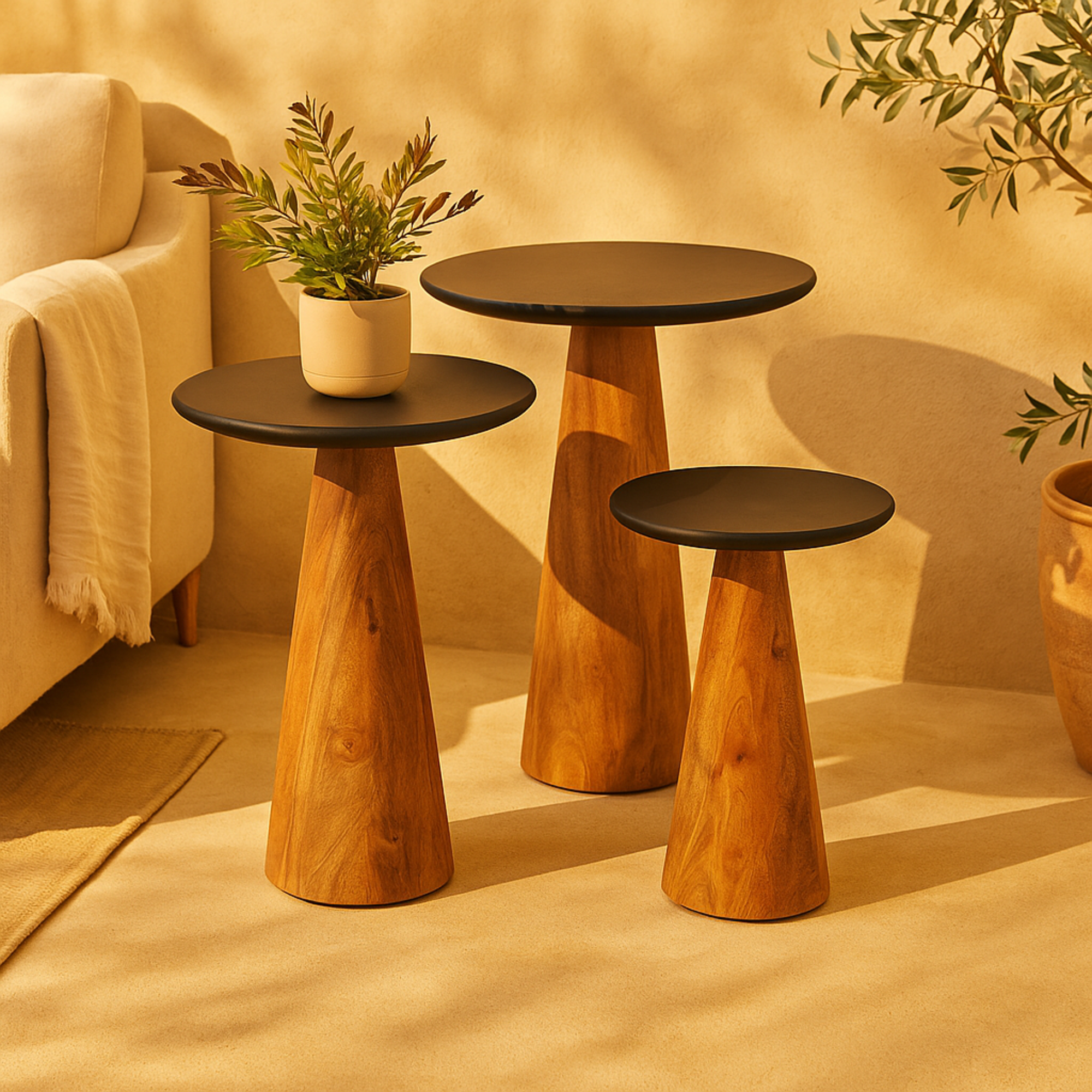 Set of 3 Brown Mango Wood Handmade Cone Shaped Side End Accent Table with Black Tabletops