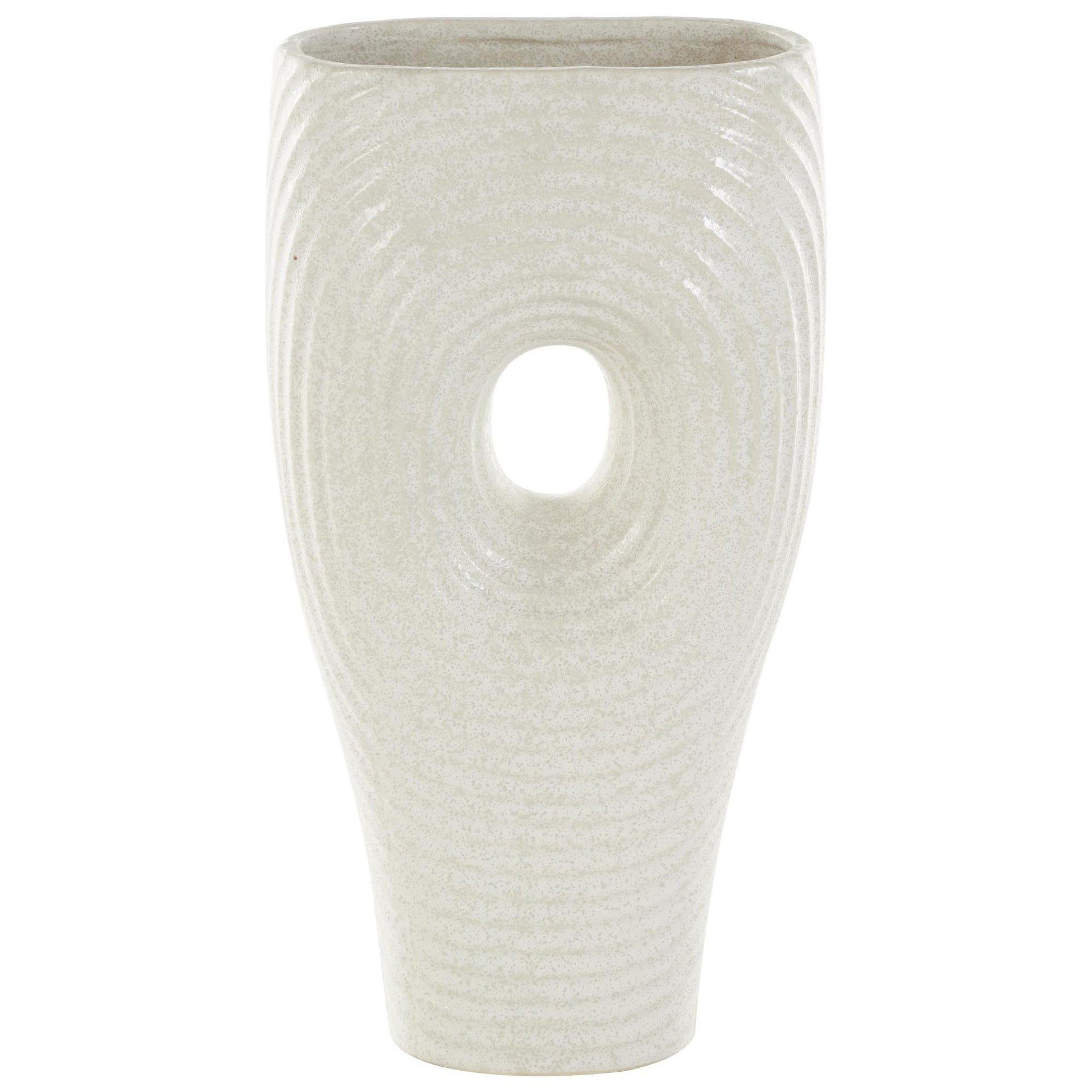 Abstract White Ceramic Ribbed Ring Cutout Decorative Vase with Glossy Speckled Texture