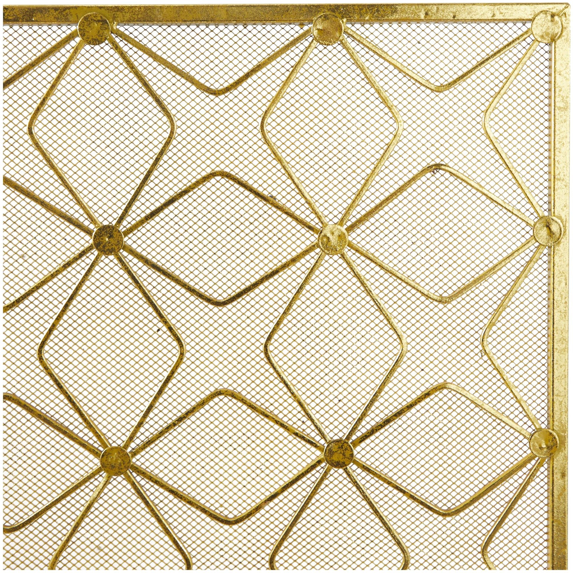Geometric Gold Metal Star Patterned Single Panel Living Room Fireplace Screen with Mesh Netting