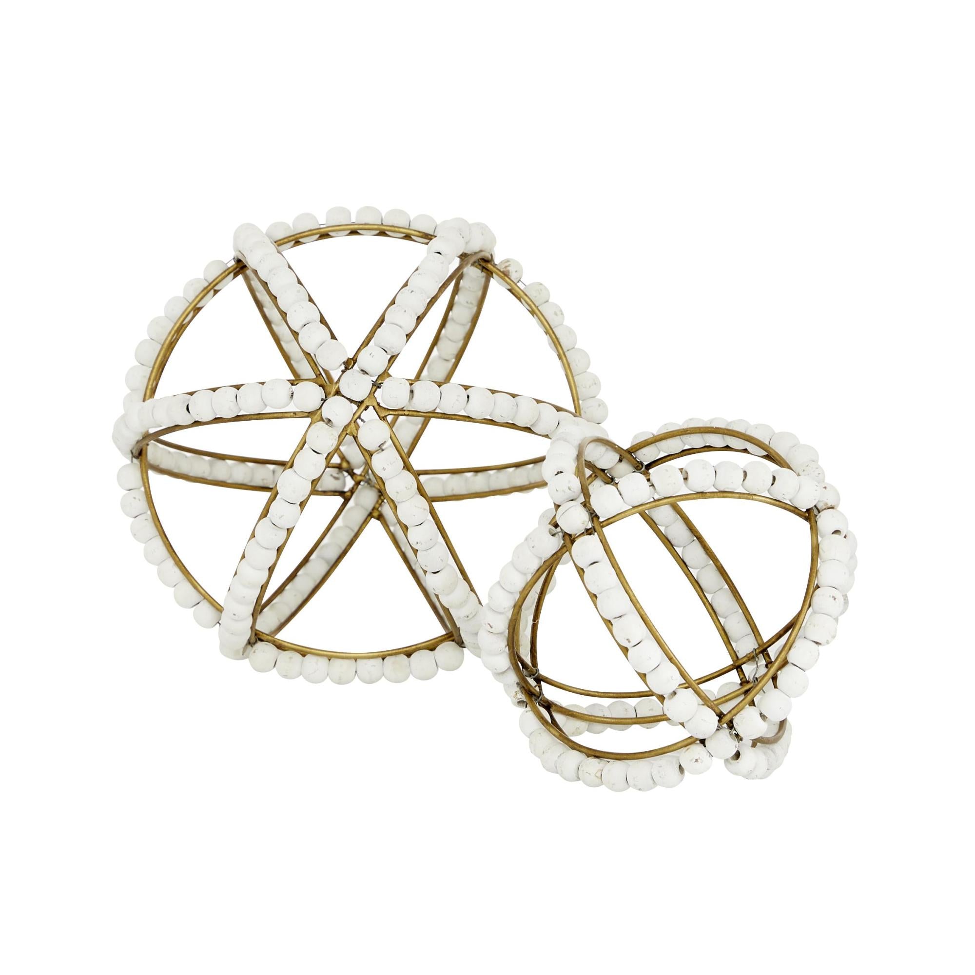 Set of 2 Geometric White Wood Handmade Beaded Orb Decorative Sculpture