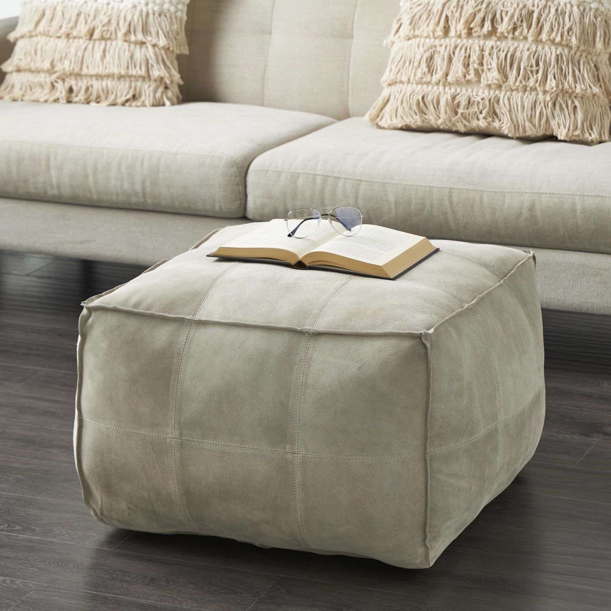 Leather Low Profile Square Stuffed Pouf with Patchwork Design