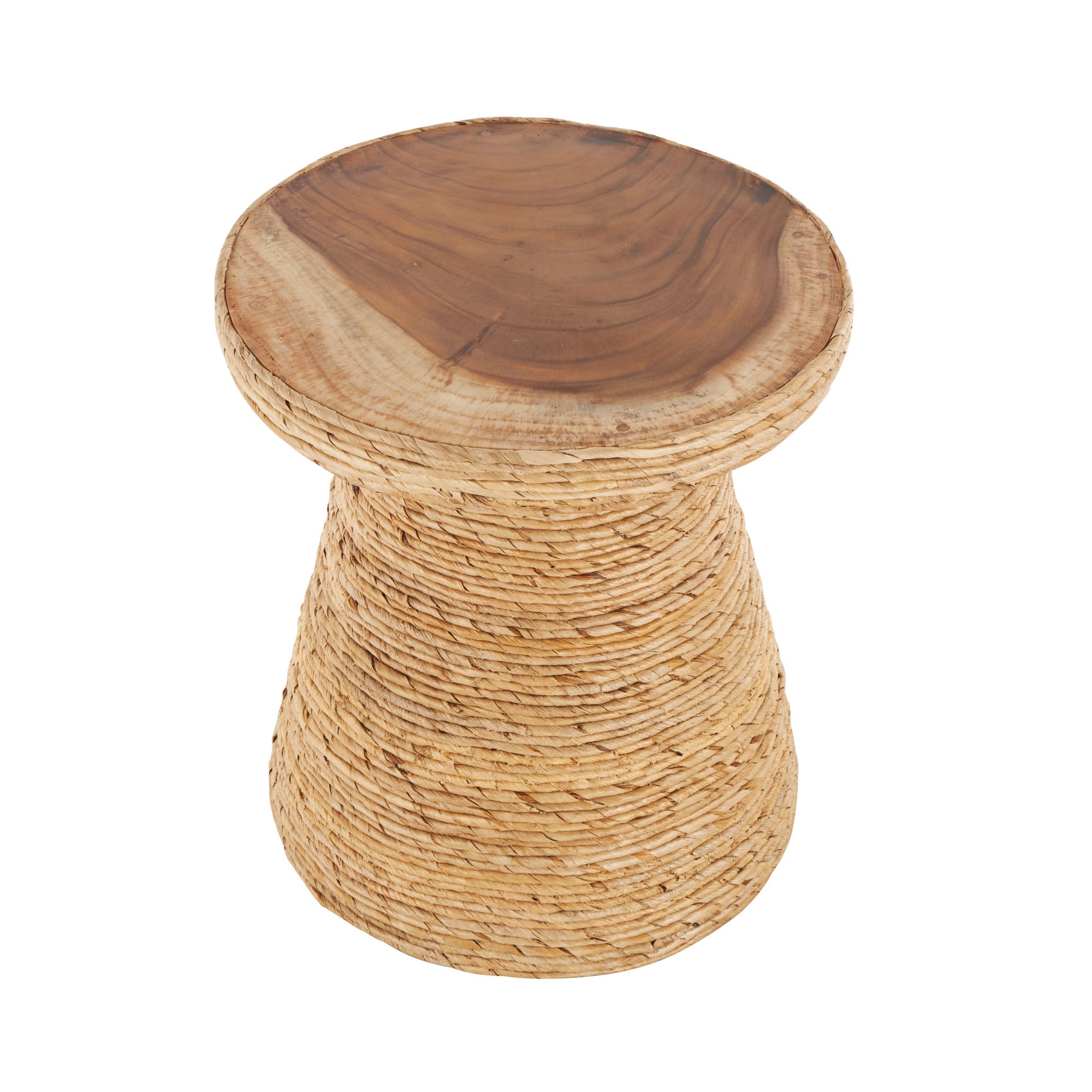 Brown Banana Leaf Handmade Woven Side End Accent Table with Wooden Tabletop